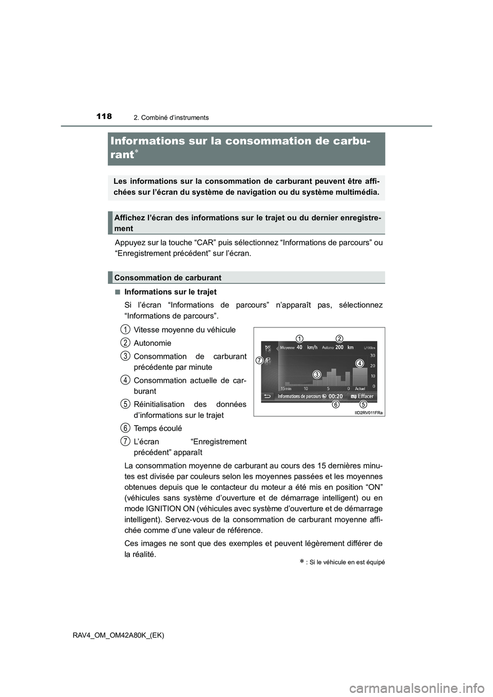 TOYOTA RAV4 2015 Manuel du propriétaire (in French) 1182. Combiné d’instruments
RAV4_OM_OM42A80K_(EK)
Infor mations sur la consommation de carbu-
rant
∗
Appuyez sur la touche “CAR” puis sélectionnez “Informations de parcours” ou
“Enregi TOYOTA RAV4 2015 Manuel du propriétaire (in French) 1182. Combiné d’instruments
RAV4_OM_OM42A80K_(EK)
Infor mations sur la consommation de carbu-
rant
∗
Appuyez sur la touche “CAR” puis sélectionnez “Informations de parcours” ou
“Enregi