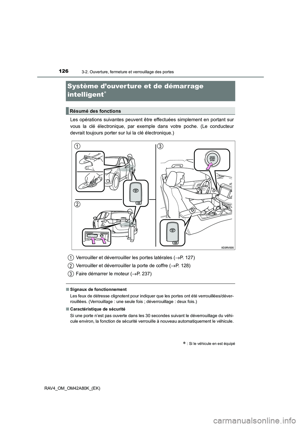 TOYOTA RAV4 2015  Manuel du propriétaire (in French) 1263-2. Ouverture, fermeture et verrouillage des portes
RAV4_OM_OM42A80K_(EK)
Système d’ouverture et de démarrage 
intelligent
∗
Les opérations suivantes peuvent être effectuées simplement en
