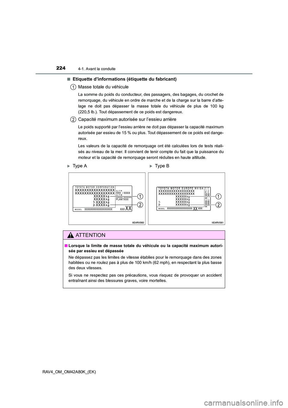 TOYOTA RAV4 2015  Manuel du propriétaire (in French) 2244-1. Avant la conduite
RAV4_OM_OM42A80K_(EK)■
Etiquette d’informations (étiquette du fabricant)
Masse totale du véhicule
La somme du poids du conducteur, des passagers, des bagages, du croche