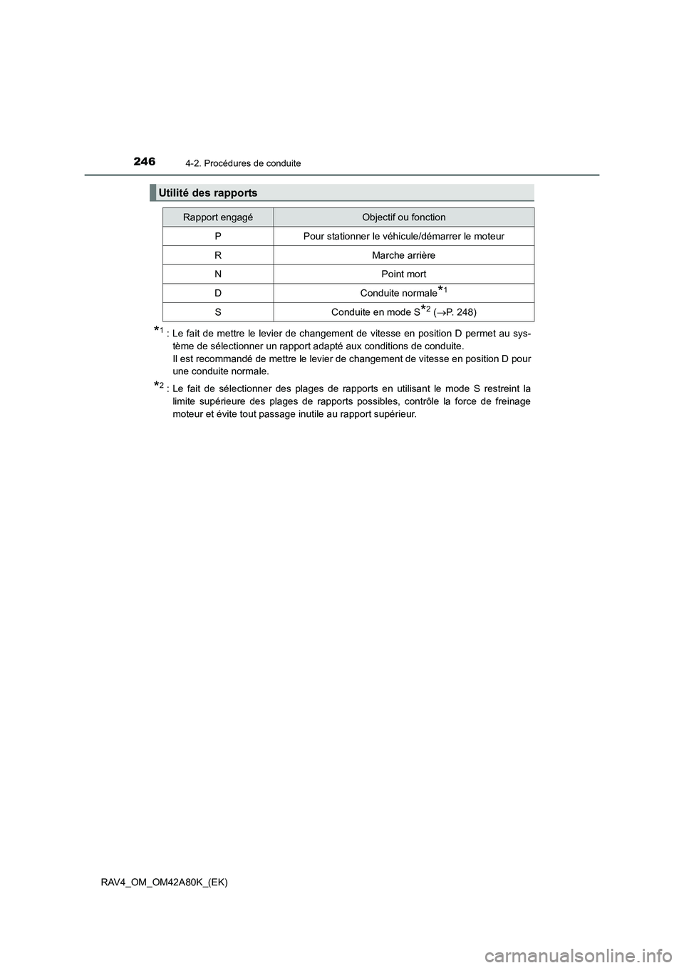 TOYOTA RAV4 2015  Manuel du propriétaire (in French) 2464-2. Procédures de conduite
RAV4_OM_OM42A80K_(EK)
*1 : Le fait de mettre le levier de changement de vitesse en position D permet au sys-tème de sélectionner un rapport adapté aux conditions de 