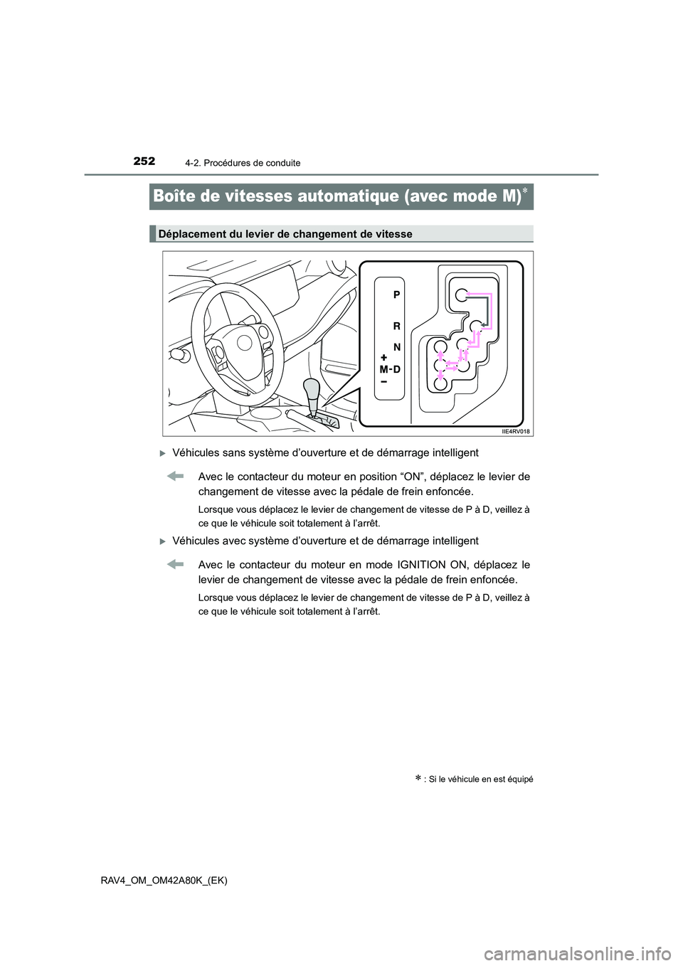 TOYOTA RAV4 2015  Manuel du propriétaire (in French) 2524-2. Procédures de conduite
RAV4_OM_OM42A80K_(EK)
Boîte de vitesses automatique (avec mode M)∗
�XVéhicules sans système d’ouverture et de démarrage intellige\
ntAvec le contacteur du moteu