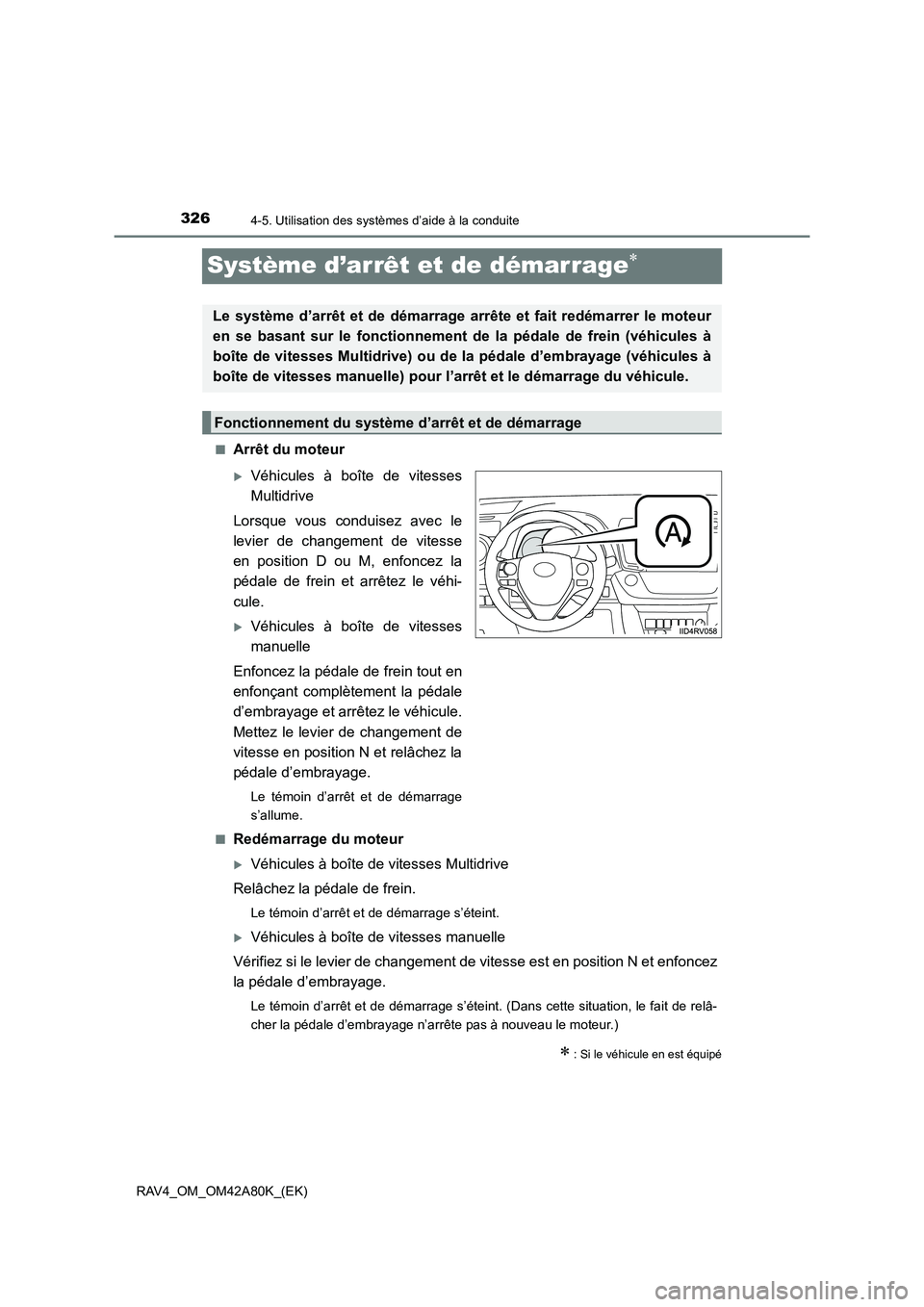 TOYOTA RAV4 2015  Manuel du propriétaire (in French) 3264-5. Utilisation des systèmes d’aide à la conduite
RAV4_OM_OM42A80K_(EK)
Système d’arrêt et de démarrage∗
■Arrêt du moteur
�XVéhicules à boîte de vitesses
Multidrive
Lorsque vous c