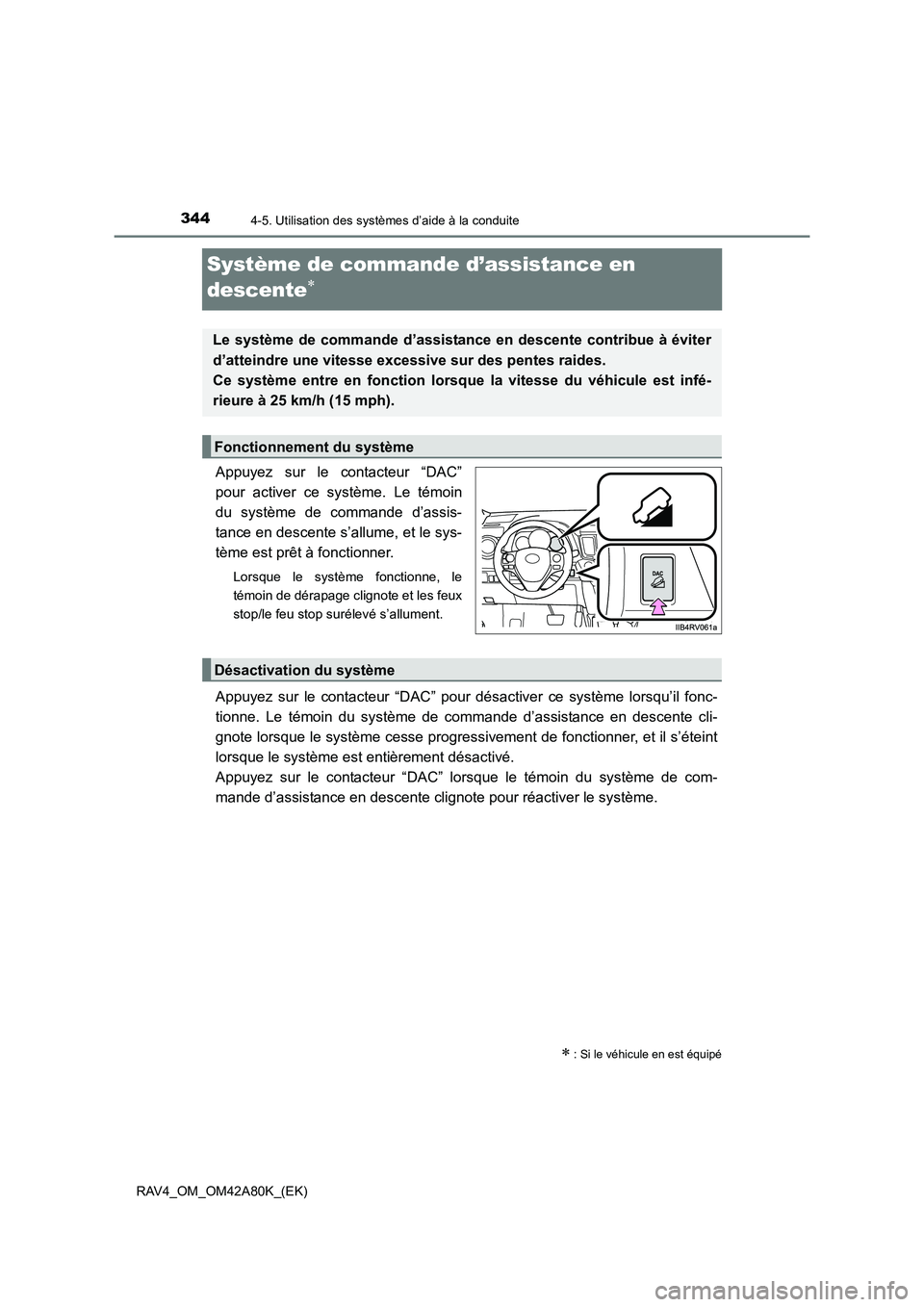 TOYOTA RAV4 2015 Manuel du propriétaire (in French) 3444-5. Utilisation des systèmes d’aide à la conduite
RAV4_OM_OM42A80K_(EK)
Système de commande d’assistance en
descente
∗
Appuyez sur le contacteur “DAC”
pour activer ce système. Le t TOYOTA RAV4 2015 Manuel du propriétaire (in French) 3444-5. Utilisation des systèmes d’aide à la conduite
RAV4_OM_OM42A80K_(EK)
Système de commande d’assistance en
descente
∗
Appuyez sur le contacteur “DAC”
pour activer ce système. Le t
