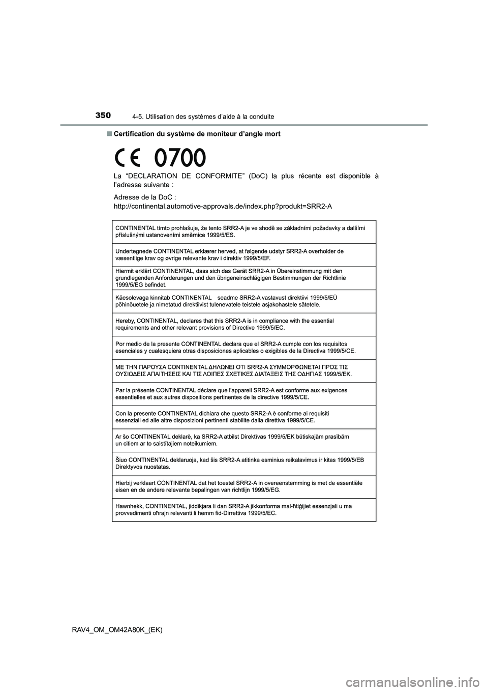 TOYOTA RAV4 2015  Manuel du propriétaire (in French) 3504-5. Utilisation des systèmes d’aide à la conduite
RAV4_OM_OM42A80K_(EK)■
Certification du système de  moniteur d’angle mort
La “DECLARATION DE CONFORMITE” (DoC) la plus récente est d