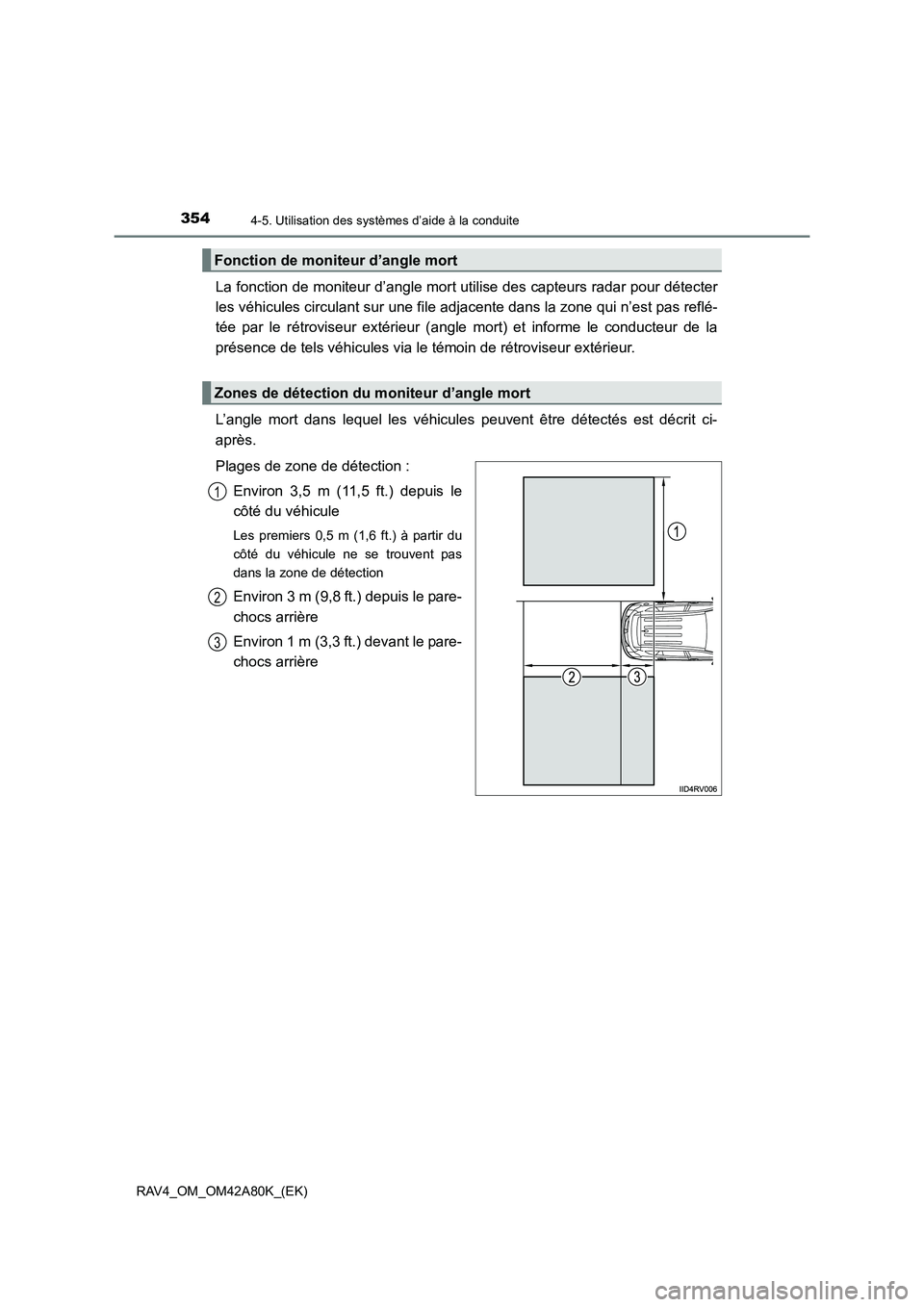 TOYOTA RAV4 2015  Manuel du propriétaire (in French) 3544-5. Utilisation des systèmes d’aide à la conduite
RAV4_OM_OM42A80K_(EK)
La fonction de moniteur d’angle mort utilise des capteurs radar pour détecter
les véhicules circulant sur une file a