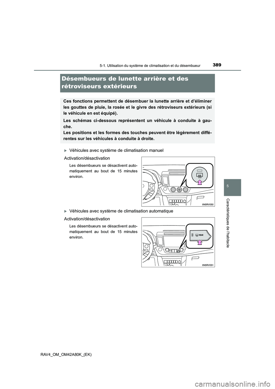 TOYOTA RAV4 2015  Manuel du propriétaire (in French) 389
5
5-1. Utilisation du système de climatisation et du désembueur
Caractéristiques de l’habitacle
RAV4_OM_OM42A80K_(EK)
Désembueurs de lunette arrière et des 
rétroviseurs extérieurs
�XVéh