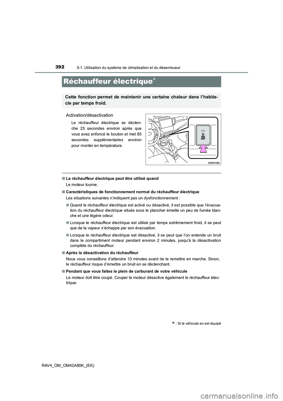 TOYOTA RAV4 2015 Manuel du propriétaire (in French) 3925-1. Utilisation du système de climatisation et du désembueur
RAV4_OM_OM42A80K_(EK)
Réchauffeur électrique∗
Activation/désactivation
Le réchauffeur électrique se déclen-
che 25 secondes e TOYOTA RAV4 2015 Manuel du propriétaire (in French) 3925-1. Utilisation du système de climatisation et du désembueur
RAV4_OM_OM42A80K_(EK)
Réchauffeur électrique∗
Activation/désactivation
Le réchauffeur électrique se déclen-
che 25 secondes e