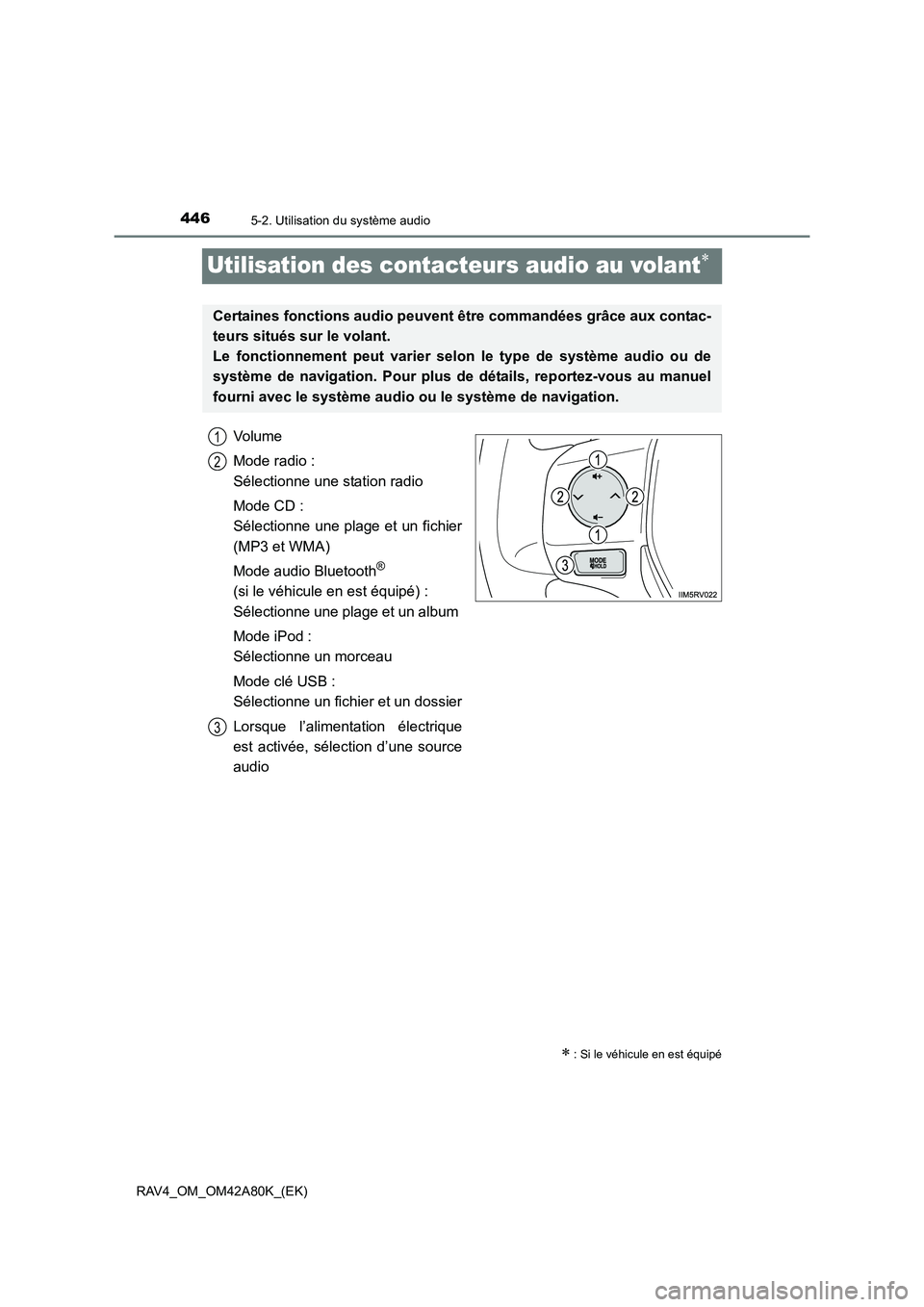 TOYOTA RAV4 2015  Manuel du propriétaire (in French) 4465-2. Utilisation du système audio
RAV4_OM_OM42A80K_(EK)
Utilisation des contacteurs audio au volant∗
Vo l u m e
Mode radio : 
Sélectionne une station radio
Mode CD : 
Sélectionne une plage et 