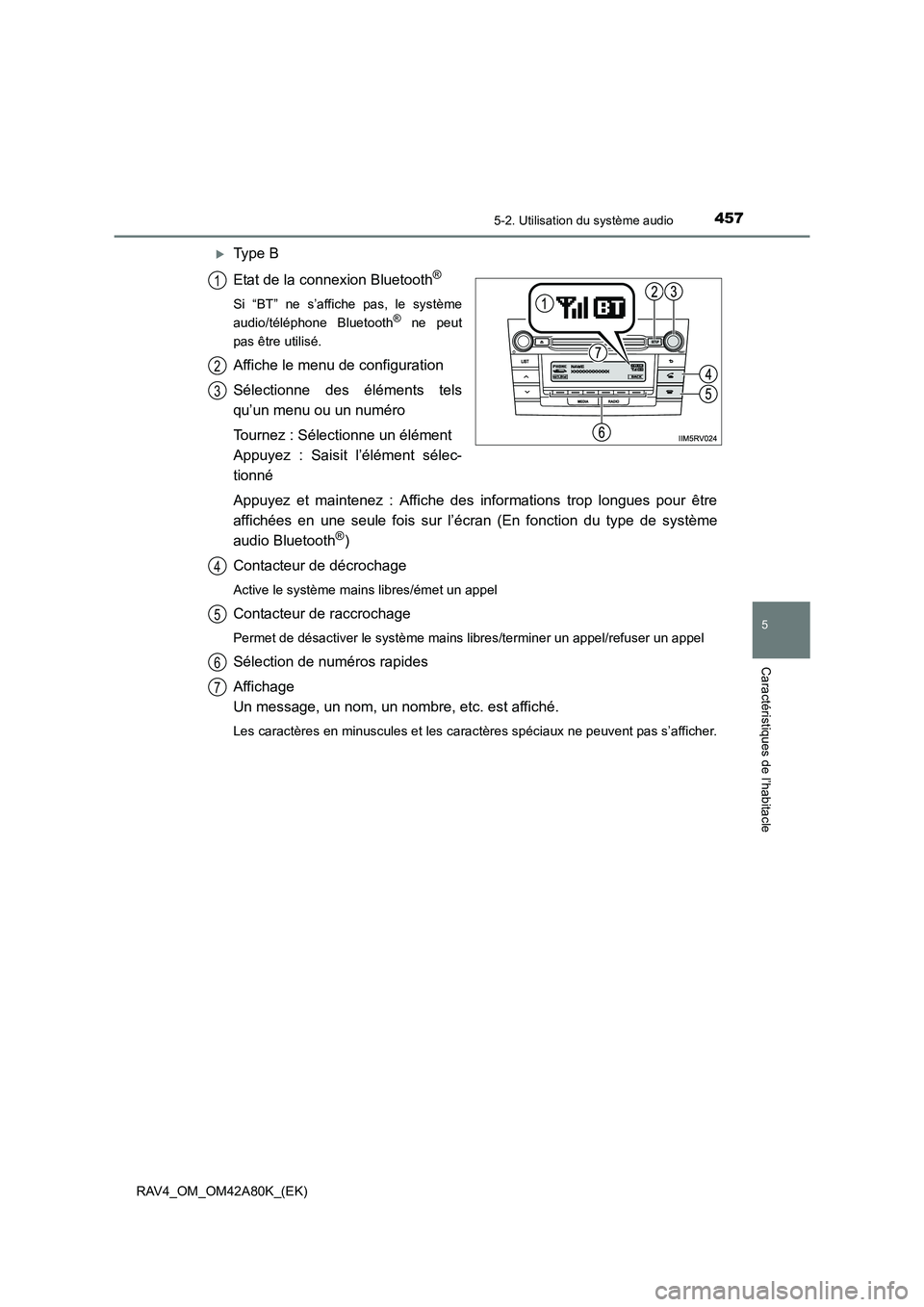 TOYOTA RAV4 2015  Manuel du propriétaire (in French) 4575-2. Utilisation du système audio
5
Caractéristiques de l’habitacle
RAV4_OM_OM42A80K_(EK)
�XType B
Etat de la connexion Bluetooth
®
Si “BT” ne s’affiche pas, le système
audio/téléphon