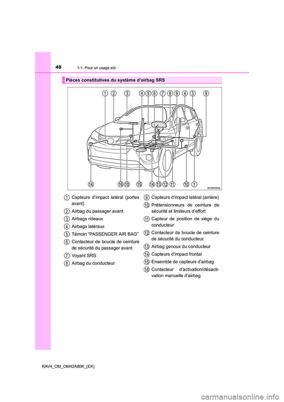 TOYOTA RAV4 2015  Manuel du propriétaire (in French) 481-1. Pour un usage sûr
RAV4_OM_OM42A80K_(EK)
Pièces constitutives du système d’airbag SRS
Capteurs d’impact latéral (portes
avant)
Airbag du passager avant
Airbags rideaux
Airbags latéraux
