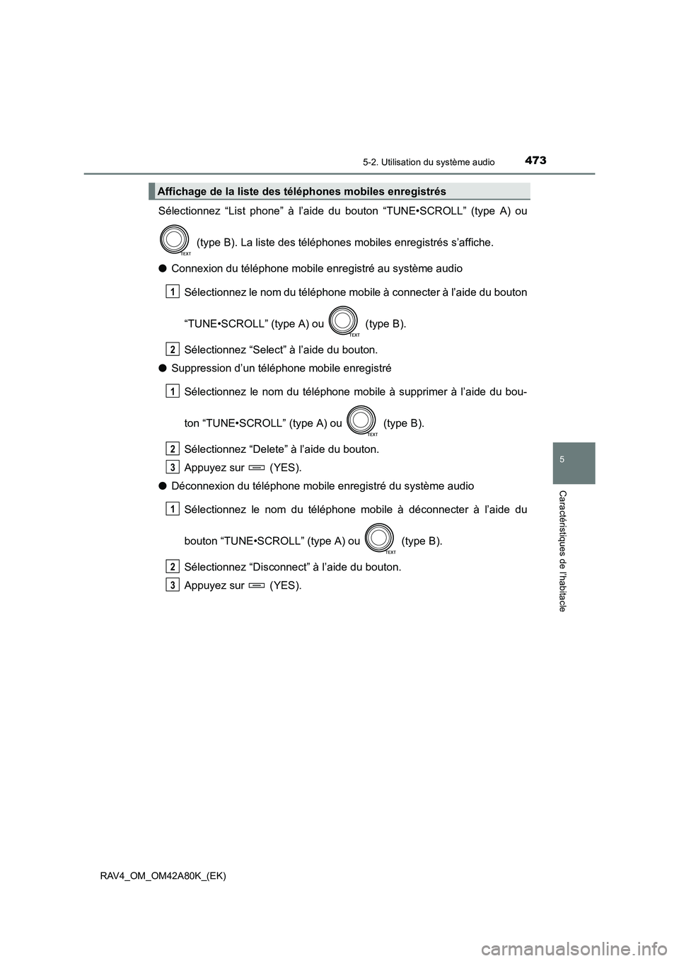 TOYOTA RAV4 2015  Manuel du propriétaire (in French) 4735-2. Utilisation du système audio
5
Caractéristiques de l’habitacle
RAV4_OM_OM42A80K_(EK)
Sélectionnez “List phone” à l’aide du bouton “TUNE•SCROLL” (type A) ou (type B). La liste