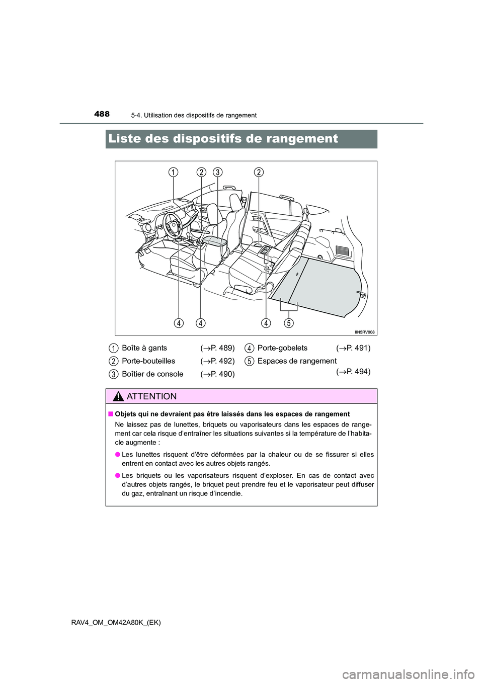 TOYOTA RAV4 2015  Manuel du propriétaire (in French) 4885-4. Utilisation des dispositifs de rangement
RAV4_OM_OM42A80K_(EK)
Liste des dispositifs de rangement
Boîte à gants  (→P. 489)
Porte-bouteilles ( →P. 492)
Boîtier de console  ( →P. 490) P