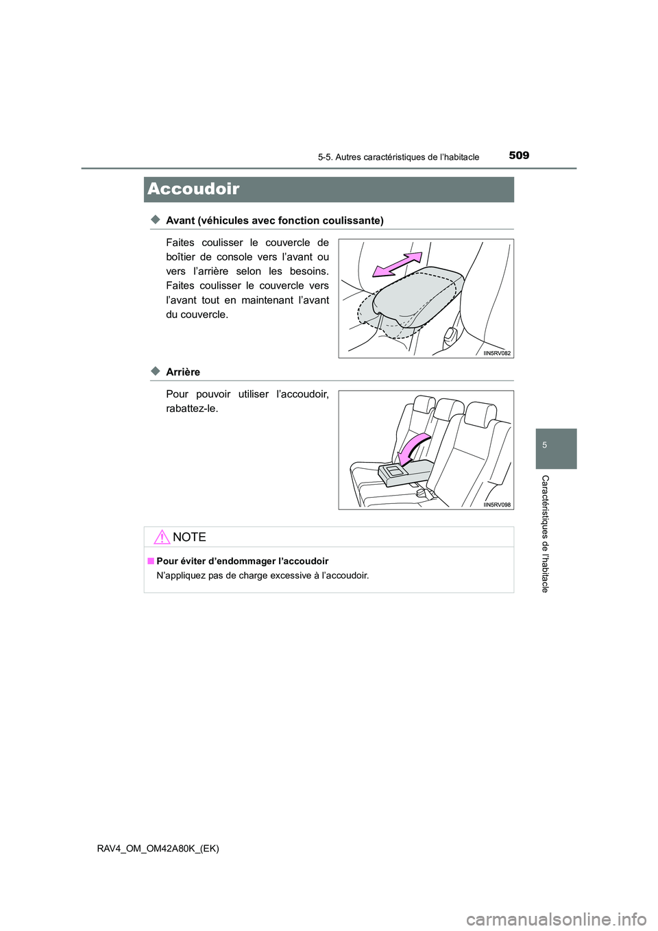 TOYOTA RAV4 2015  Manuel du propriétaire (in French) 509
5
5-5. Autres caractéristiques de l’habitacle
Caractéristiques de l’habitacle
RAV4_OM_OM42A80K_(EK)
Accoudoir
◆Avant (véhicules avec fonction coulissante)
Faites coulisser le couvercle de
