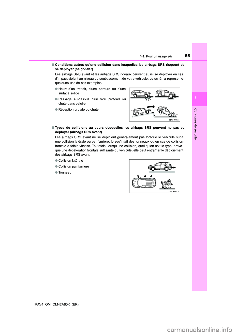 TOYOTA RAV4 2015 Manuel du propriétaire (in French) 551-1. Pour un usage sûr
1
RAV4_OM_OM42A80K_(EK)
Consignes de sécurité
■Conditions autres qu’une collision dans lesquelles les airbags SRS risquent de
se déployer (se gonfler)
Les airbags SRS TOYOTA RAV4 2015 Manuel du propriétaire (in French) 551-1. Pour un usage sûr
1
RAV4_OM_OM42A80K_(EK)
Consignes de sécurité
■Conditions autres qu’une collision dans lesquelles les airbags SRS risquent de
se déployer (se gonfler)
Les airbags SRS