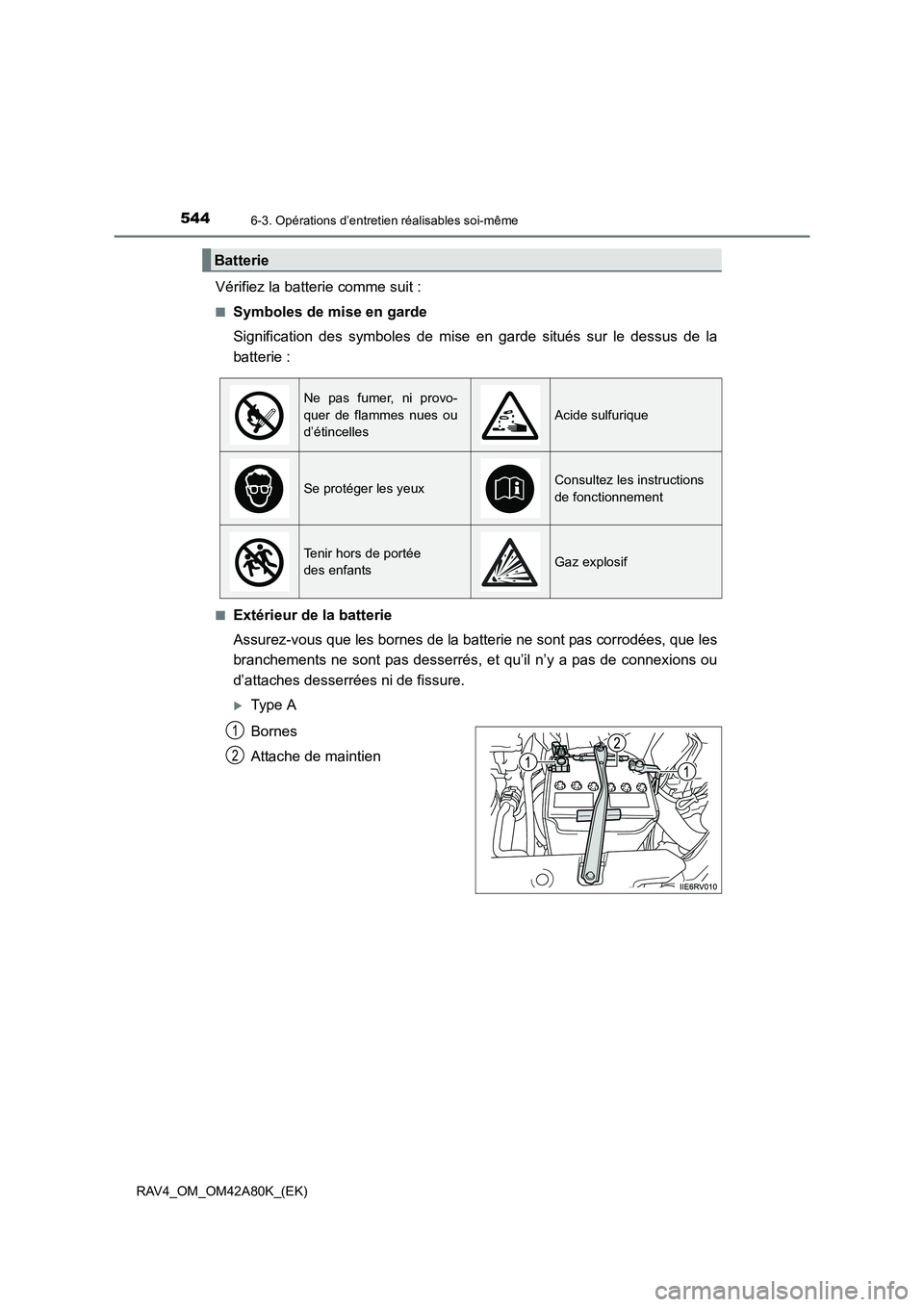 TOYOTA RAV4 2015 Manuel du propriétaire (in French) 5446-3. Opérations d’entretien réalisables soi-même
RAV4_OM_OM42A80K_(EK)
Vérifiez la batterie comme suit :
■Symboles de mise en garde
Signification des symboles de mise en garde situés sur l TOYOTA RAV4 2015 Manuel du propriétaire (in French) 5446-3. Opérations d’entretien réalisables soi-même
RAV4_OM_OM42A80K_(EK)
Vérifiez la batterie comme suit :
■Symboles de mise en garde
Signification des symboles de mise en garde situés sur l