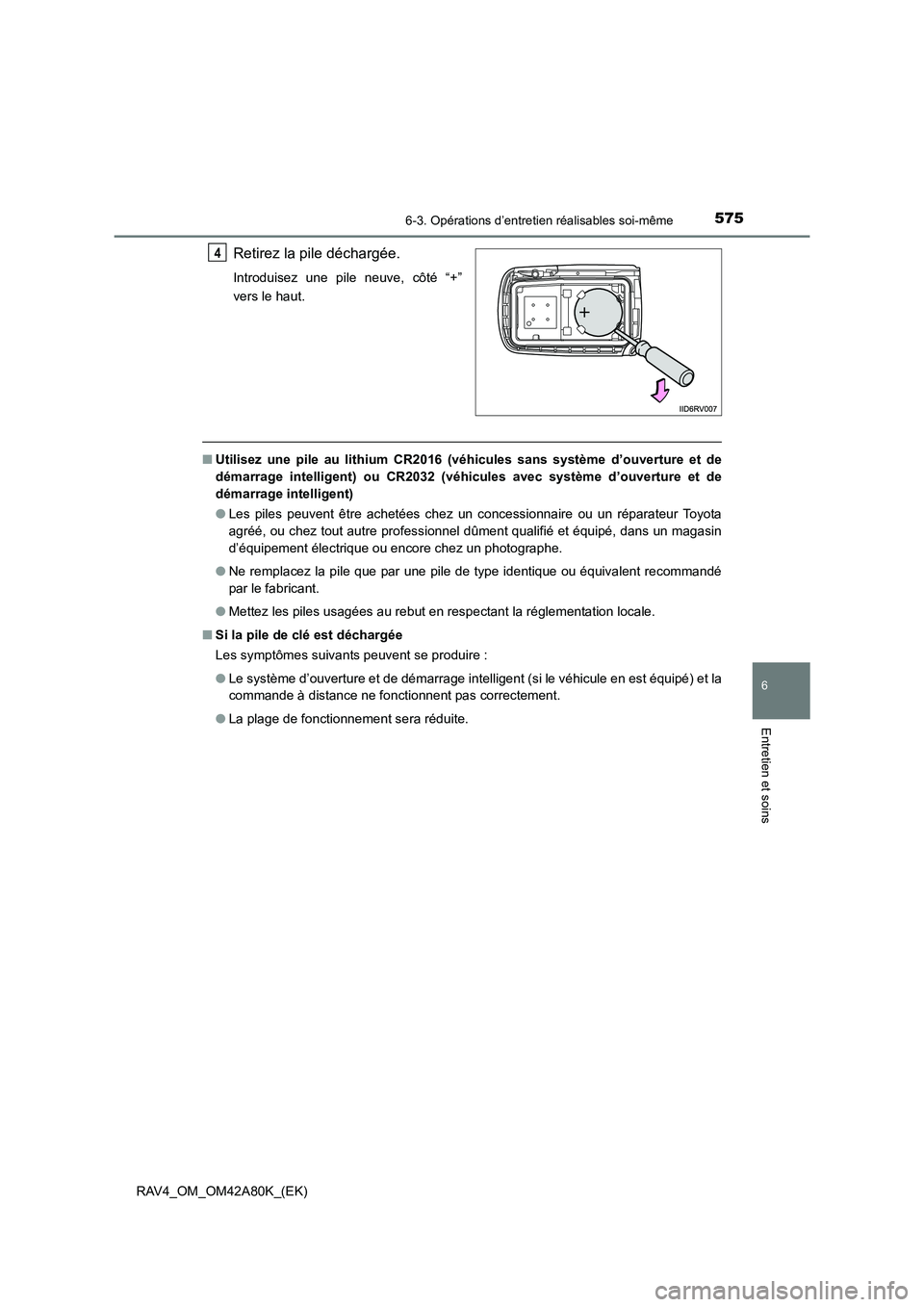 TOYOTA RAV4 2015 Manuel du propriétaire (in French) 5756-3. Opérations d’entretien réalisables soi-même
6
Entretien et soins
RAV4_OM_OM42A80K_(EK)
Retirez la pile déchargée.
Introduisez une pile neuve, côté “+”
vers le haut.
■Utilisez un TOYOTA RAV4 2015 Manuel du propriétaire (in French) 5756-3. Opérations d’entretien réalisables soi-même
6
Entretien et soins
RAV4_OM_OM42A80K_(EK)
Retirez la pile déchargée.
Introduisez une pile neuve, côté “+”
vers le haut.
■Utilisez un