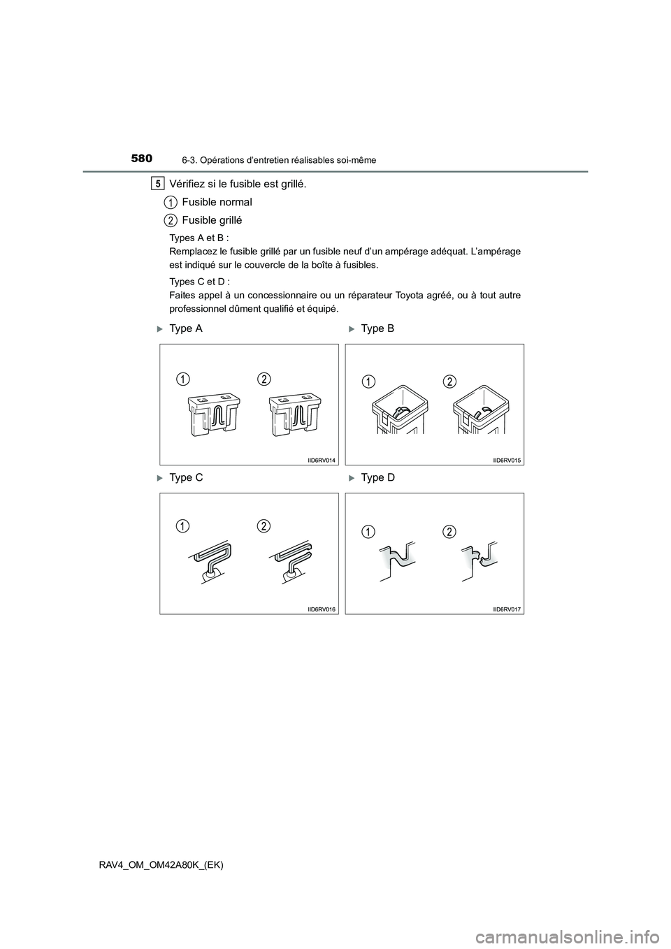 TOYOTA RAV4 2015  Manuel du propriétaire (in French) 5806-3. Opérations d’entretien réalisables soi-même
RAV4_OM_OM42A80K_(EK)
Vérifiez si le fusible est grillé.Fusible normal
Fusible grillé
Types A et B : 
Remplacez le fusible grillé par un fu