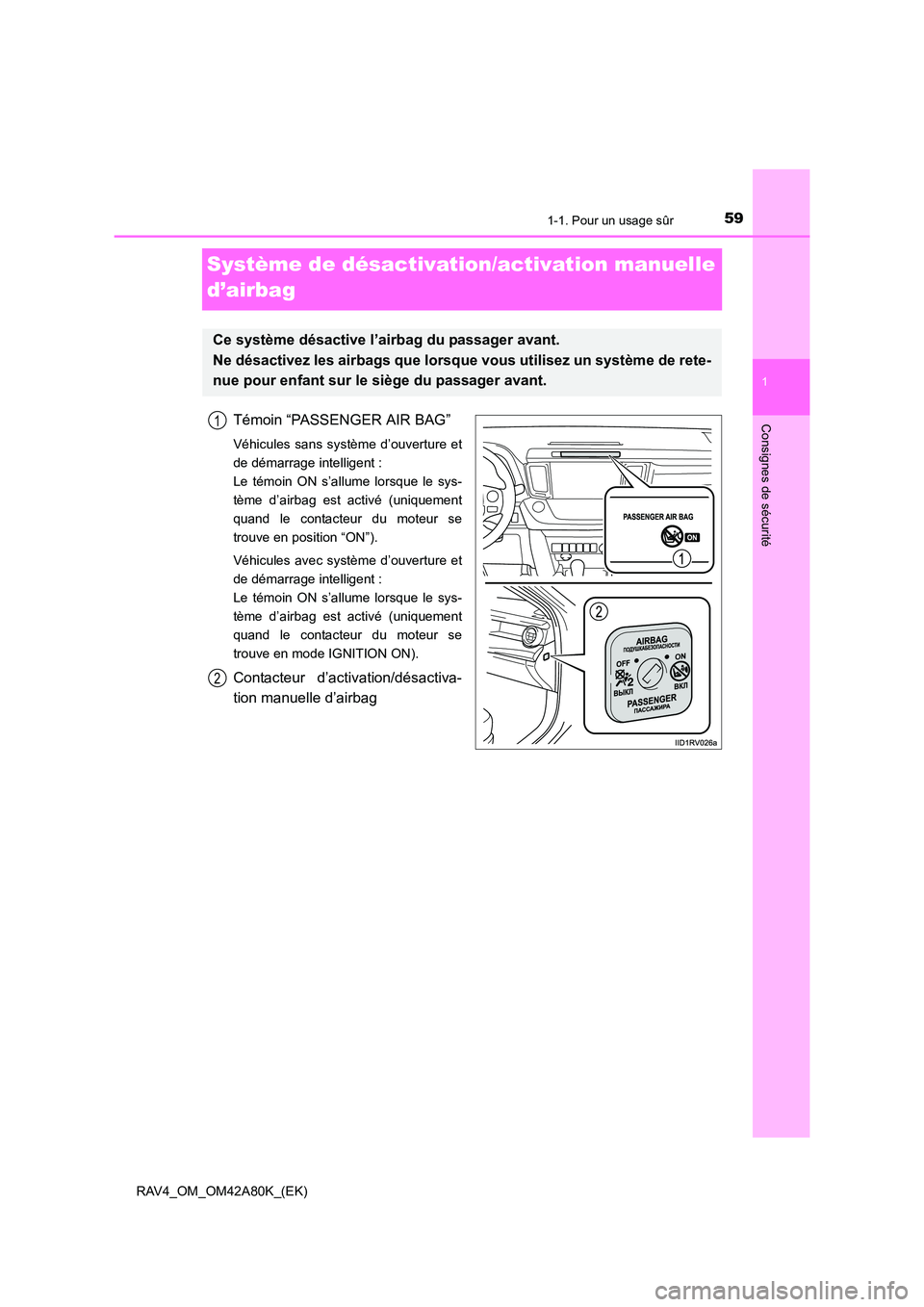 TOYOTA RAV4 2015 Manuel du propriétaire (in French) 591-1. Pour un usage sûr
1
RAV4_OM_OM42A80K_(EK)
Consignes de sécurité
Système de désactivation/activation manuelle
d’airbag
Témoin “PASSENGER AIR BAG”
Véhicules sans système d’ouvert TOYOTA RAV4 2015 Manuel du propriétaire (in French) 591-1. Pour un usage sûr
1
RAV4_OM_OM42A80K_(EK)
Consignes de sécurité
Système de désactivation/activation manuelle
d’airbag
Témoin “PASSENGER AIR BAG”
Véhicules sans système d’ouvert
