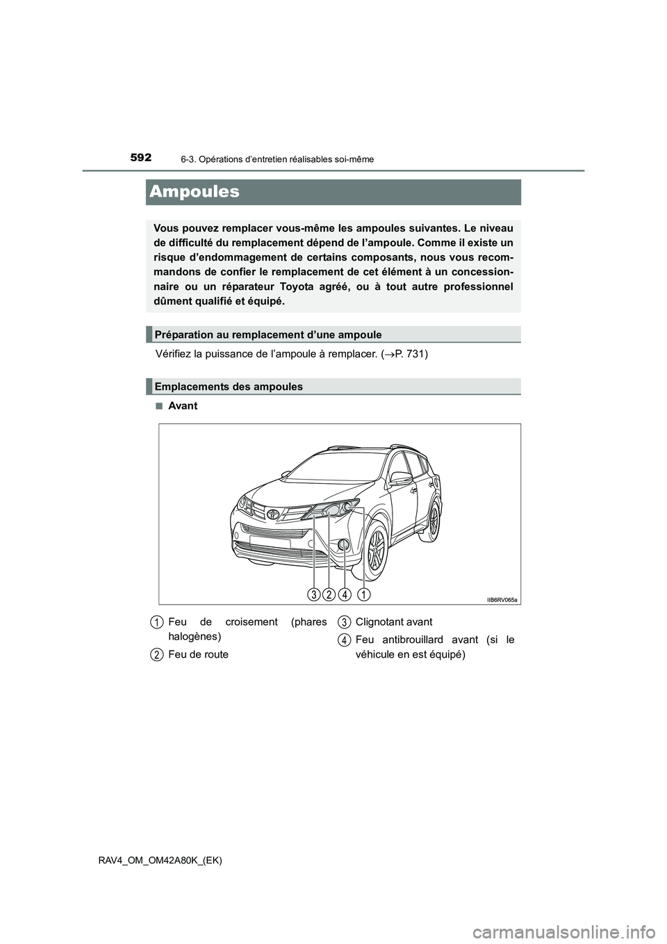 TOYOTA RAV4 2015  Manuel du propriétaire (in French) 5926-3. Opérations d’entretien réalisables soi-même
RAV4_OM_OM42A80K_(EK)
Ampoules
Vérifiez la puissance de l’ampoule à remplacer. (→P. 731)
■Avant
Vous pouvez remplacer vous-même  les a