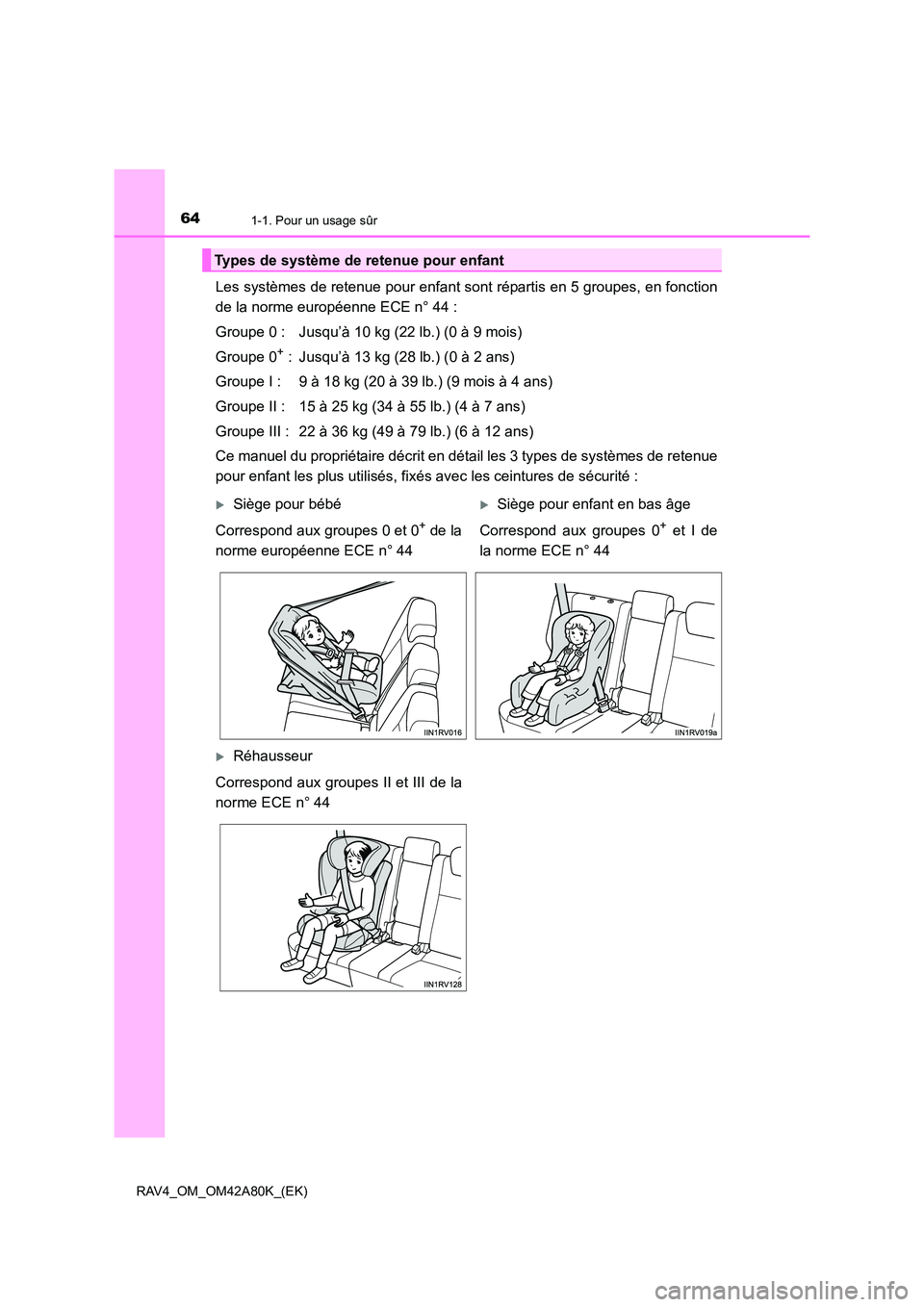 TOYOTA RAV4 2015 Manuel du propriétaire (in French) 641-1. Pour un usage sûr
RAV4_OM_OM42A80K_(EK)
Les systèmes de retenue pour enfant sont répartis en 5 groupes, en fonction
de la norme européenne ECE n° 44 :
Groupe 0 : Jusqu’à 10 kg (22 lb.) TOYOTA RAV4 2015 Manuel du propriétaire (in French) 641-1. Pour un usage sûr
RAV4_OM_OM42A80K_(EK)
Les systèmes de retenue pour enfant sont répartis en 5 groupes, en fonction
de la norme européenne ECE n° 44 :
Groupe 0 : Jusqu’à 10 kg (22 lb.)