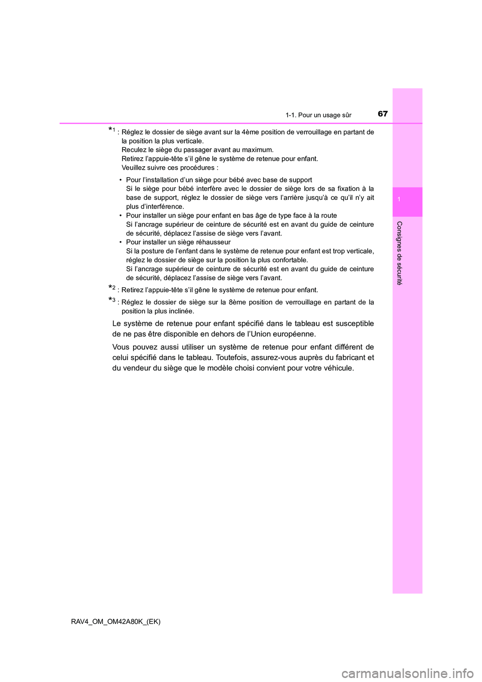 TOYOTA RAV4 2015 Manuel du propriétaire (in French) 671-1. Pour un usage sûr
1
RAV4_OM_OM42A80K_(EK)
Consignes de sécurité
*1 : Réglez le dossier de siège avant sur la 4ème position de verrouillage en partant dela position la plus verticale.
Rec TOYOTA RAV4 2015 Manuel du propriétaire (in French) 671-1. Pour un usage sûr
1
RAV4_OM_OM42A80K_(EK)
Consignes de sécurité
*1 : Réglez le dossier de siège avant sur la 4ème position de verrouillage en partant dela position la plus verticale.
Rec