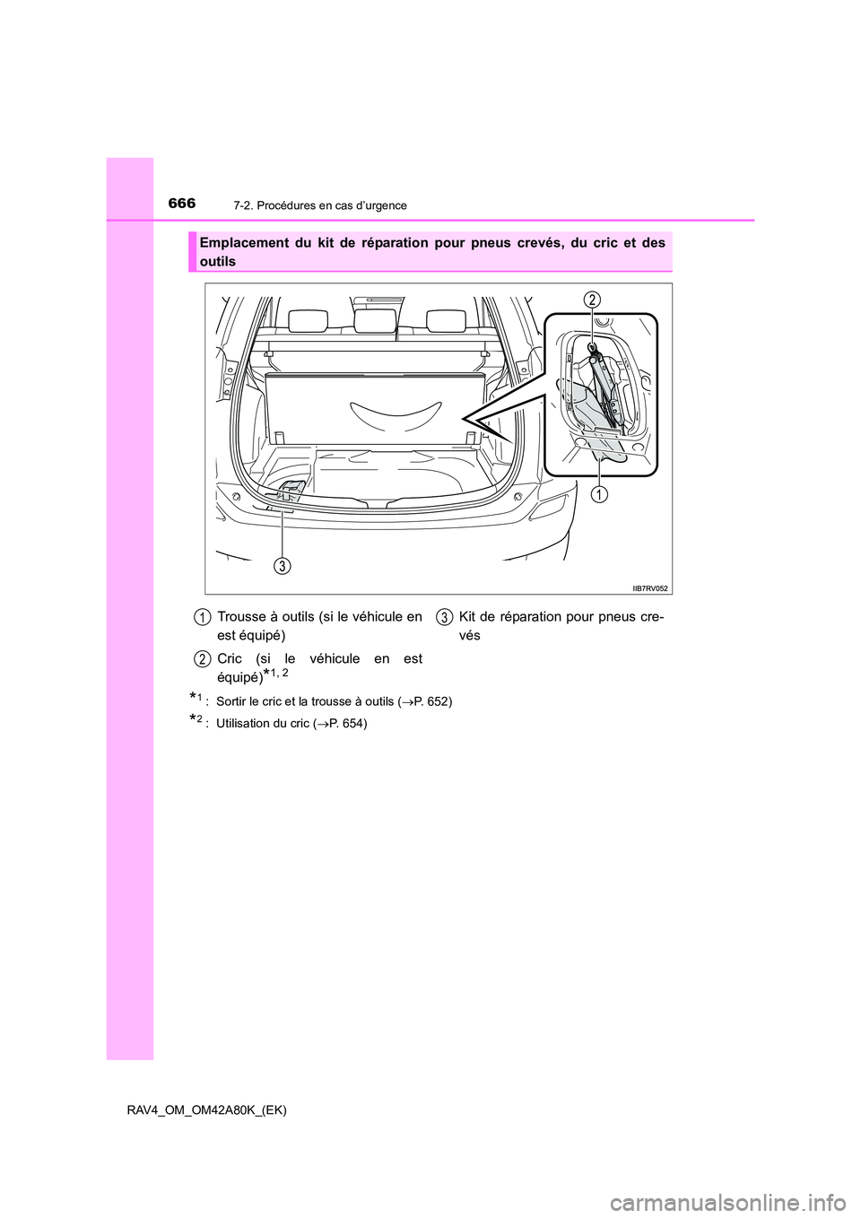 TOYOTA RAV4 2015  Manuel du propriétaire (in French) 6667-2. Procédures en cas d’urgence
RAV4_OM_OM42A80K_(EK)
*1 :  Sortir le cric et la trousse à outils (→P. 652)
*2 :  Utilisation du cric ( →P. 654)
Emplacement du kit de réparation po ur pne