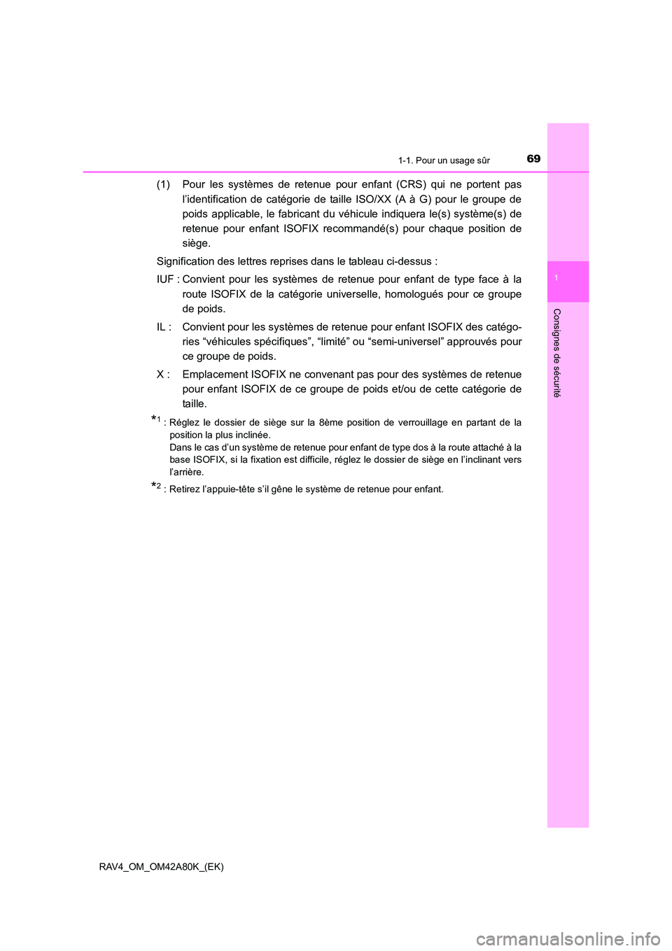 TOYOTA RAV4 2015 Manuel du propriétaire (in French) 691-1. Pour un usage sûr
1
RAV4_OM_OM42A80K_(EK)
Consignes de sécurité
(1) Pour les systèmes de retenue pour enfant (CRS) qui ne portent pasl’identification de catégorie de taille ISO/XX (A à TOYOTA RAV4 2015 Manuel du propriétaire (in French) 691-1. Pour un usage sûr
1
RAV4_OM_OM42A80K_(EK)
Consignes de sécurité
(1) Pour les systèmes de retenue pour enfant (CRS) qui ne portent pasl’identification de catégorie de taille ISO/XX (A à