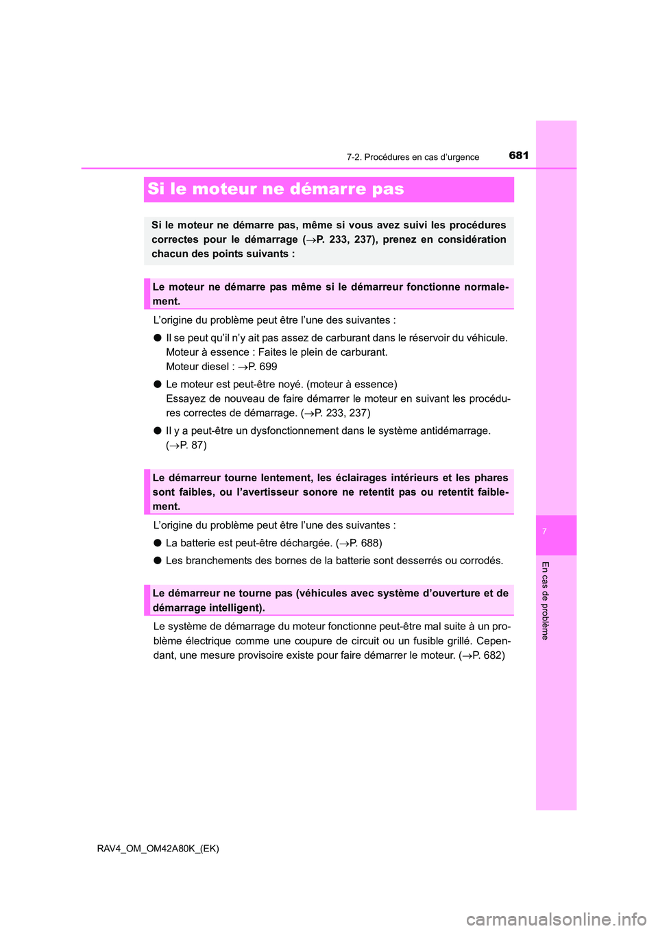 TOYOTA RAV4 2015 Manuel du propriétaire (in French) 681
7
7-2. Procédures en cas d’urgence
En cas de problème
RAV4_OM_OM42A80K_(EK)
Si le moteur ne démarre pas
L’origine du problème peut être l’une des suivantes :
●Il se peut qu’il n’y TOYOTA RAV4 2015 Manuel du propriétaire (in French) 681
7
7-2. Procédures en cas d’urgence
En cas de problème
RAV4_OM_OM42A80K_(EK)
Si le moteur ne démarre pas
L’origine du problème peut être l’une des suivantes :
●Il se peut qu’il n’y