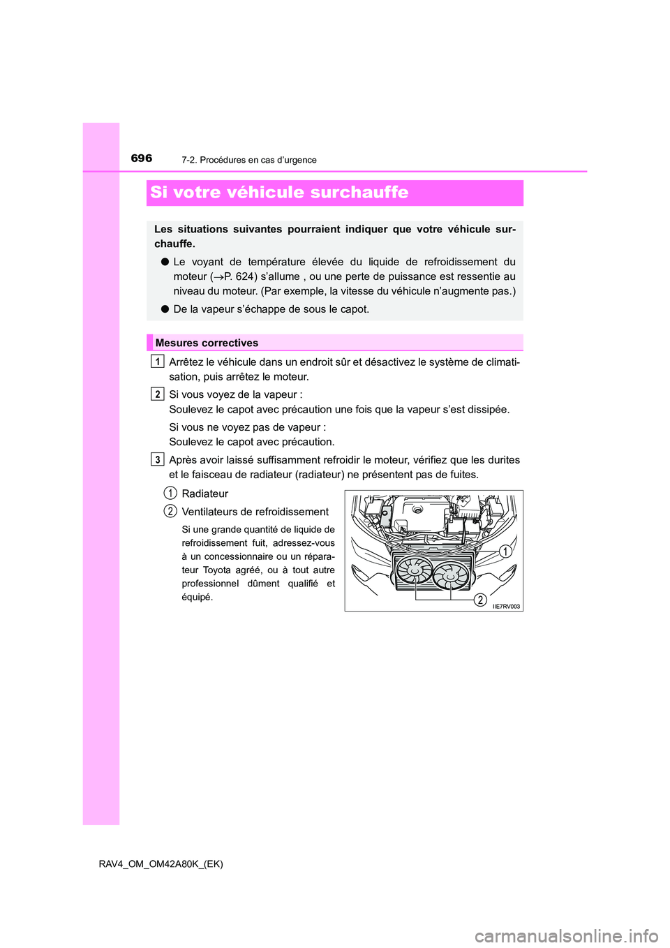 TOYOTA RAV4 2015  Manuel du propriétaire (in French) 6967-2. Procédures en cas d’urgence
RAV4_OM_OM42A80K_(EK)
Si votre véhicule surchauffe
Arrêtez le véhicule dans un endroit sûr et désactivez le système de climati-
sation, puis arrêtez le mo