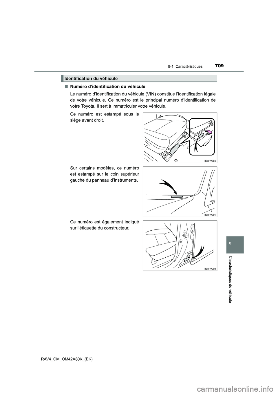 TOYOTA RAV4 2015  Manuel du propriétaire (in French) 709
8
8-1. Caractéristiques
Caractéristiques du véhicule
RAV4_OM_OM42A80K_(EK)■
Numéro d’identification du véhicule
Le numéro d’identification du véhicule (VIN) constitue l’identificati