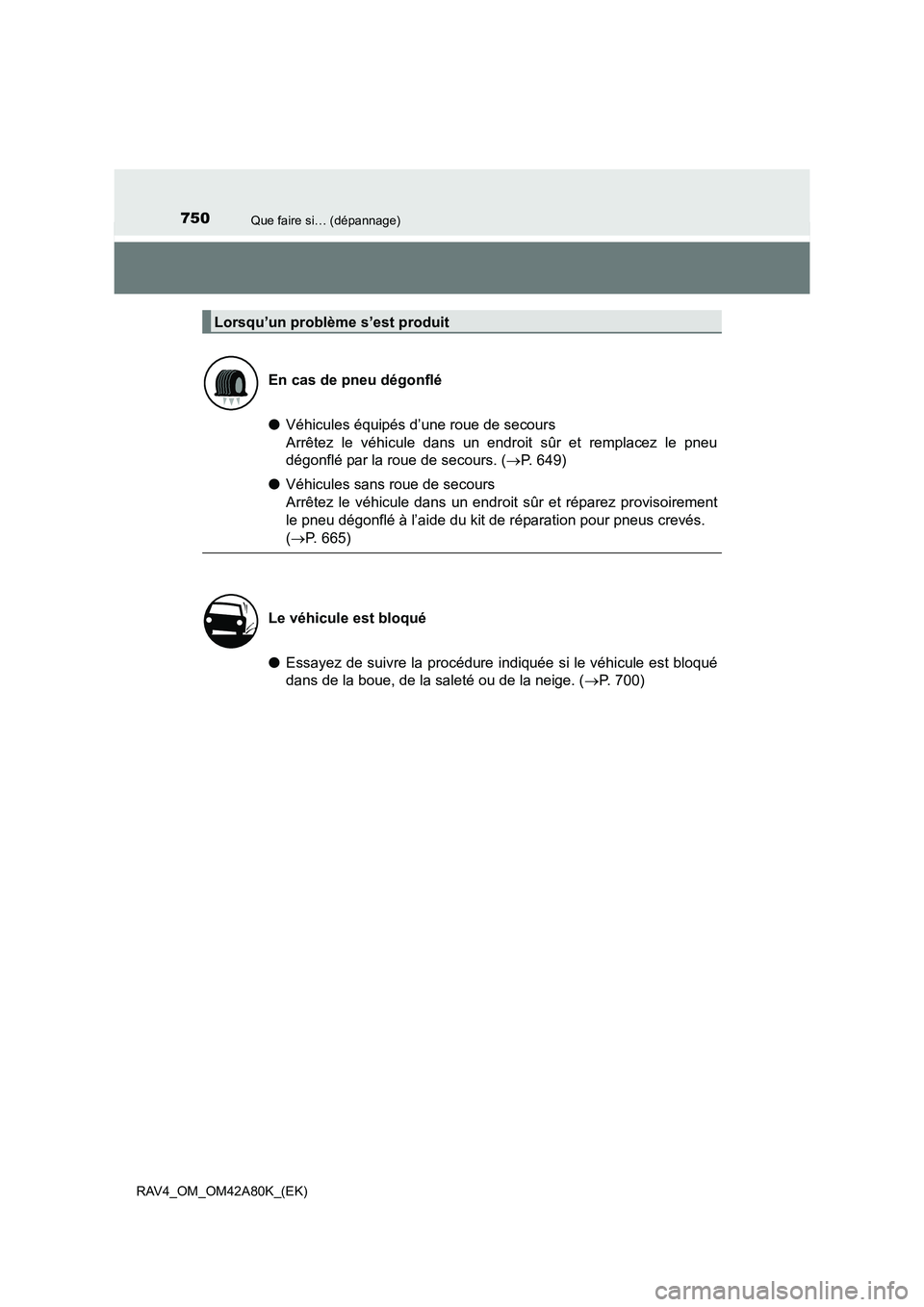 TOYOTA RAV4 2015 Manuel du propriétaire (in French) 750Que faire si… (dépannage)
RAV4_OM_OM42A80K_(EK)
●Véhicules équipés d’une roue de secours
Arrêtez le véhicule dans un endroit sûr et remplacez le pneu
dégonflé par la roue de secours TOYOTA RAV4 2015 Manuel du propriétaire (in French) 750Que faire si… (dépannage)
RAV4_OM_OM42A80K_(EK)
●Véhicules équipés d’une roue de secours
Arrêtez le véhicule dans un endroit sûr et remplacez le pneu
dégonflé par la roue de secours