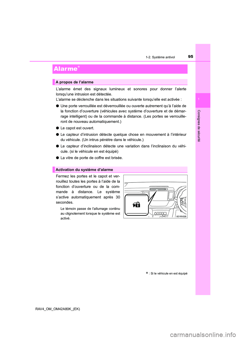 TOYOTA RAV4 2015 Manuel du propriétaire (in French) 95
1
1-2. Système antivol
RAV4_OM_OM42A80K_(EK)
Consignes de sécurité
Alar me∗
L’alarme émet des signaux lumineux et sonores pour donner l’alerte
lorsqu’une intrusion est détectée.
L’ TOYOTA RAV4 2015 Manuel du propriétaire (in French) 95
1
1-2. Système antivol
RAV4_OM_OM42A80K_(EK)
Consignes de sécurité
Alar me∗
L’alarme émet des signaux lumineux et sonores pour donner l’alerte
lorsqu’une intrusion est détectée.
L’