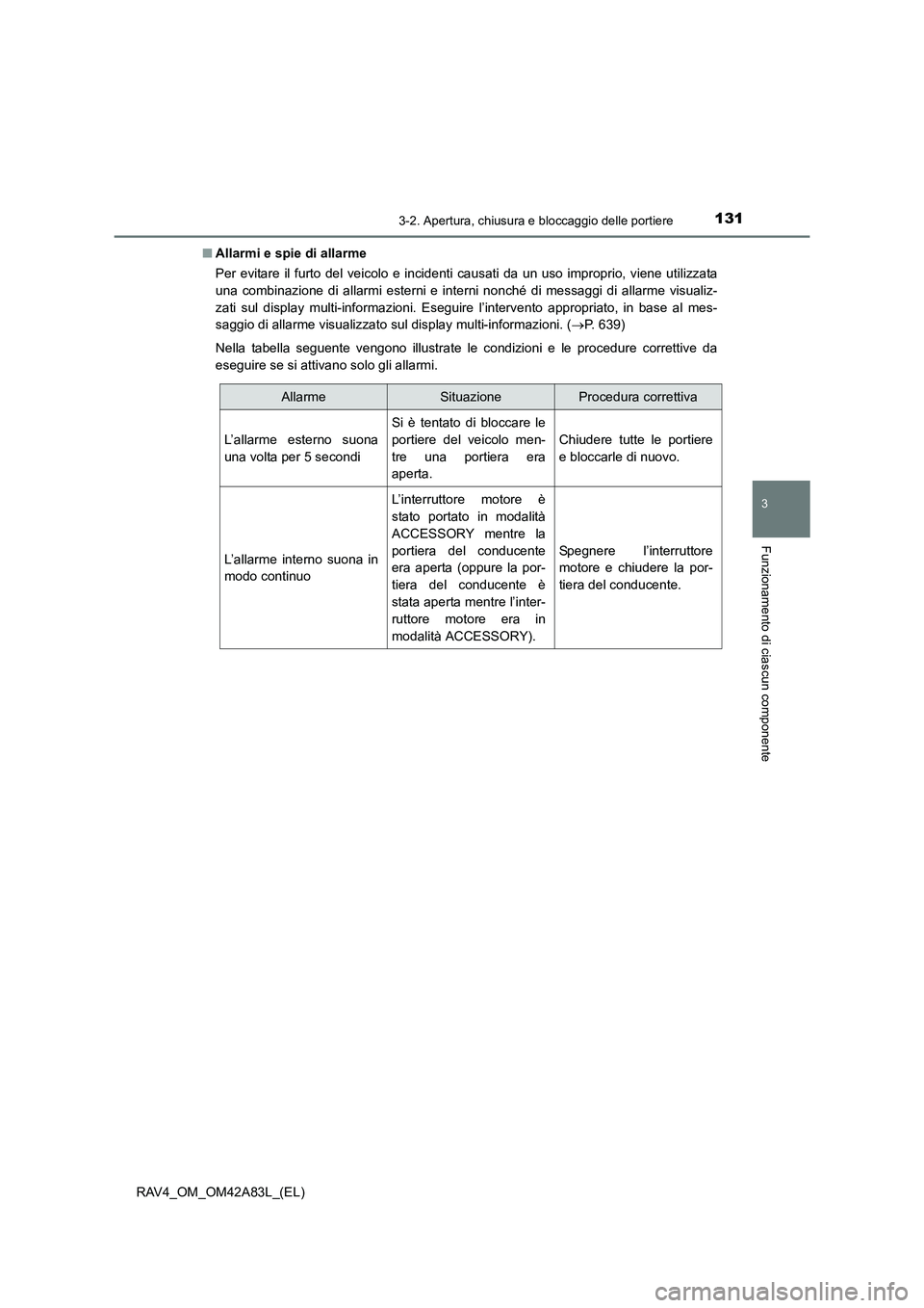 TOYOTA RAV4 2015  Manuale duso (in Italian) 1313-2. Apertura, chiusura e bloccaggio delle portiere
3
Funzionamento di ciascun componente
RAV4_OM_OM42A83L_(EL)■
Allarmi e spie di allarme
Per evitare il furto del veicolo e incidenti causati da 