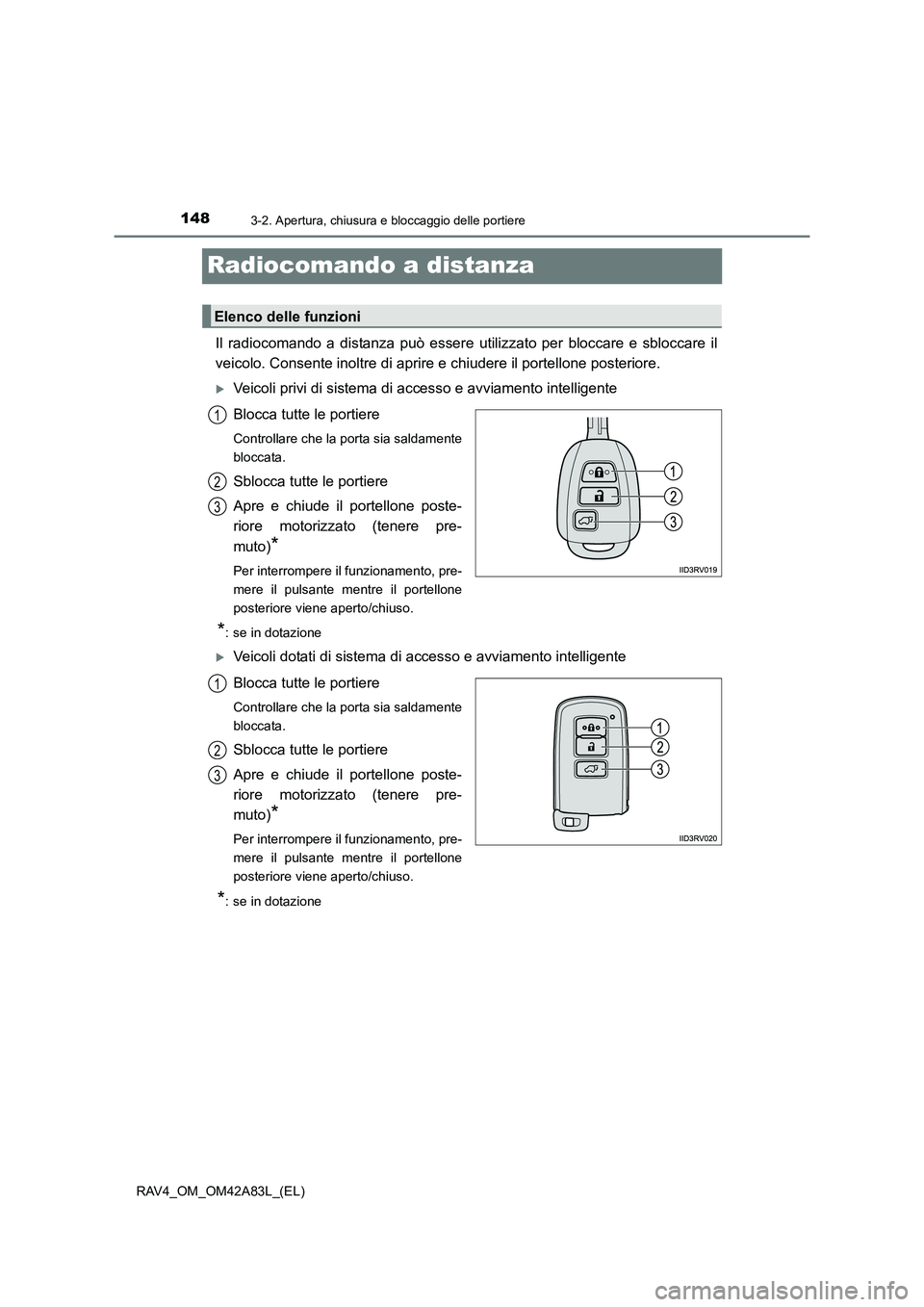 TOYOTA RAV4 2015 Manuale duso (in Italian) 1483-2. Apertura, chiusura e bloccaggio delle portiere
RAV4_OM_OM42A83L_(EL)
Radiocomando a distanza
Il radiocomando a distanza può essere utilizzato per bloccare e sbloccare il
veicolo. Consente ino TOYOTA RAV4 2015 Manuale duso (in Italian) 1483-2. Apertura, chiusura e bloccaggio delle portiere
RAV4_OM_OM42A83L_(EL)
Radiocomando a distanza
Il radiocomando a distanza può essere utilizzato per bloccare e sbloccare il
veicolo. Consente ino