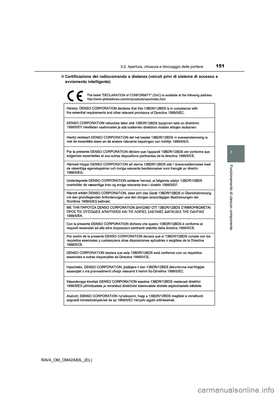 TOYOTA RAV4 2015  Manuale duso (in Italian) 1513-2. Apertura, chiusura e bloccaggio delle portiere
3
Funzionamento di ciascun componente
RAV4_OM_OM42A83L_(EL)■
Certificazione del radiocomando a distanza  (veicoli privi di sistema di accesso e