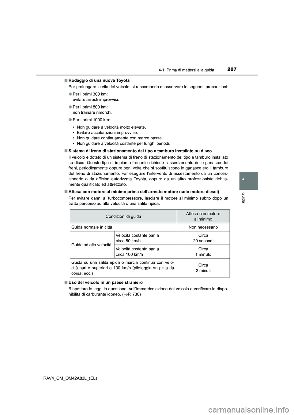 TOYOTA RAV4 2015  Manuale duso (in Italian) 2074-1. Prima di mettersi alla guida
4
Guida
RAV4_OM_OM42A83L_(EL)■
Rodaggio di una nuova Toyota
Per prolungare la vita del veicolo, si raccomanda di osservare le seguenti precauzioni:
●Per i prim
