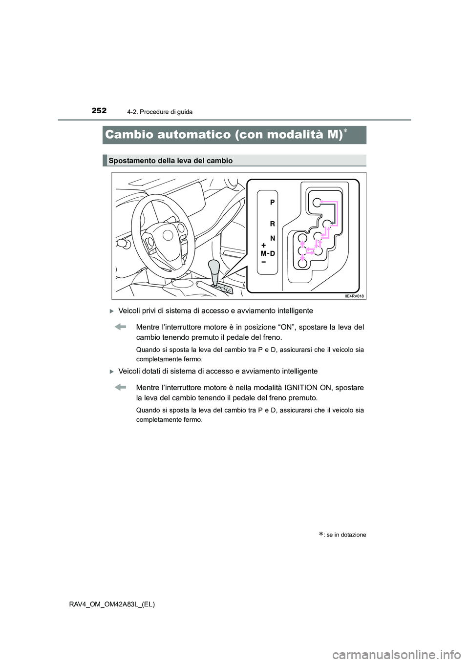 TOYOTA RAV4 2015  Manuale duso (in Italian) 2524-2. Procedure di guida
RAV4_OM_OM42A83L_(EL)
Cambio automatico (con modalità M)∗
�XVeicoli privi di sistema di accesso e avviamento intelligenteMentre l’interruttore motore è in posizione 