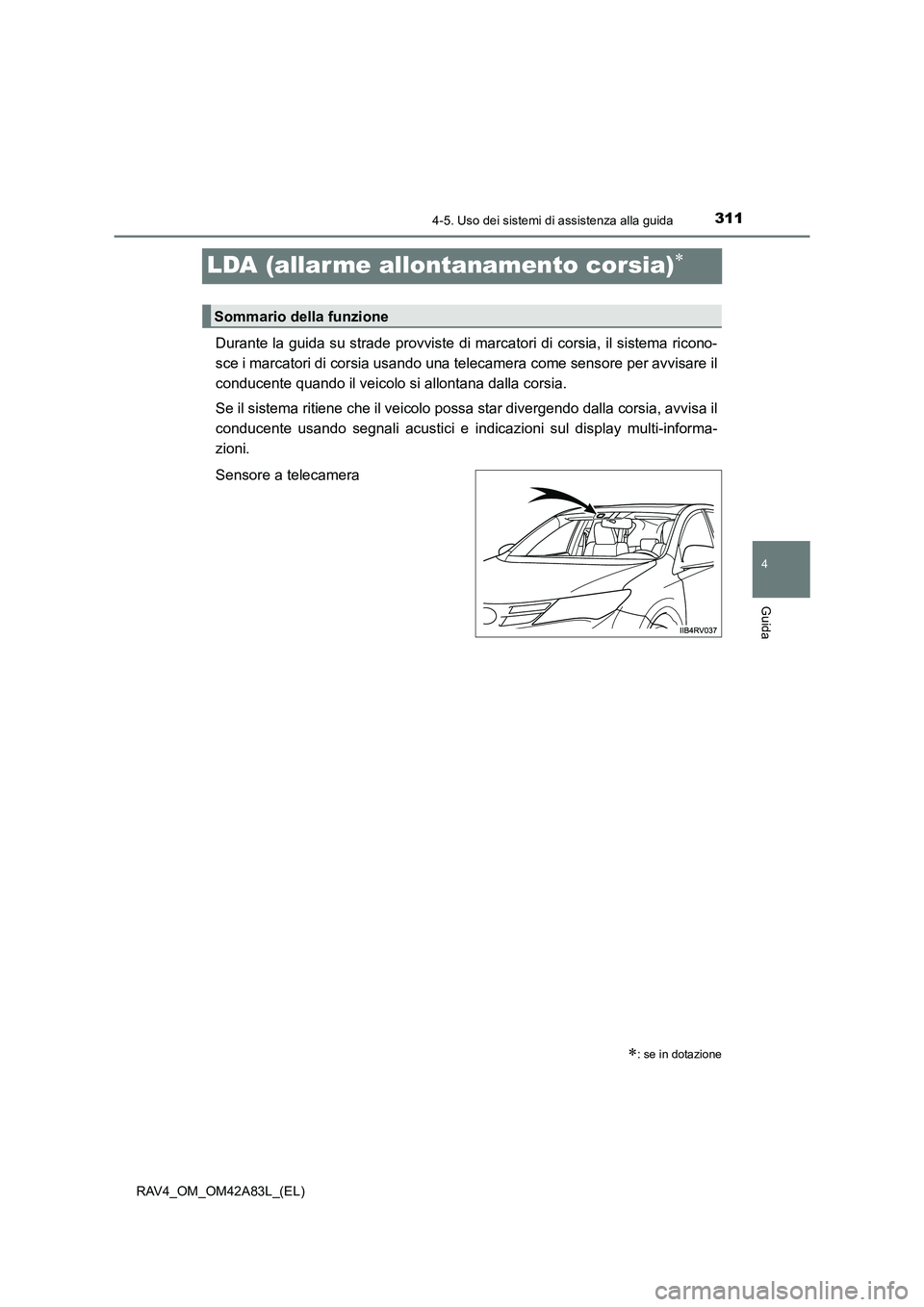 TOYOTA RAV4 2015 Manuale duso (in Italian) 311
4
4-5. Uso dei sistemi di assistenza alla guida
Guida
RAV4_OM_OM42A83L_(EL)
LDA (allar me allontanamento corsia)∗
Durante la guida su strade provviste di marcatori di corsia, il sistema ricono-
TOYOTA RAV4 2015 Manuale duso (in Italian) 311
4
4-5. Uso dei sistemi di assistenza alla guida
Guida
RAV4_OM_OM42A83L_(EL)
LDA (allar me allontanamento corsia)∗
Durante la guida su strade provviste di marcatori di corsia, il sistema ricono-