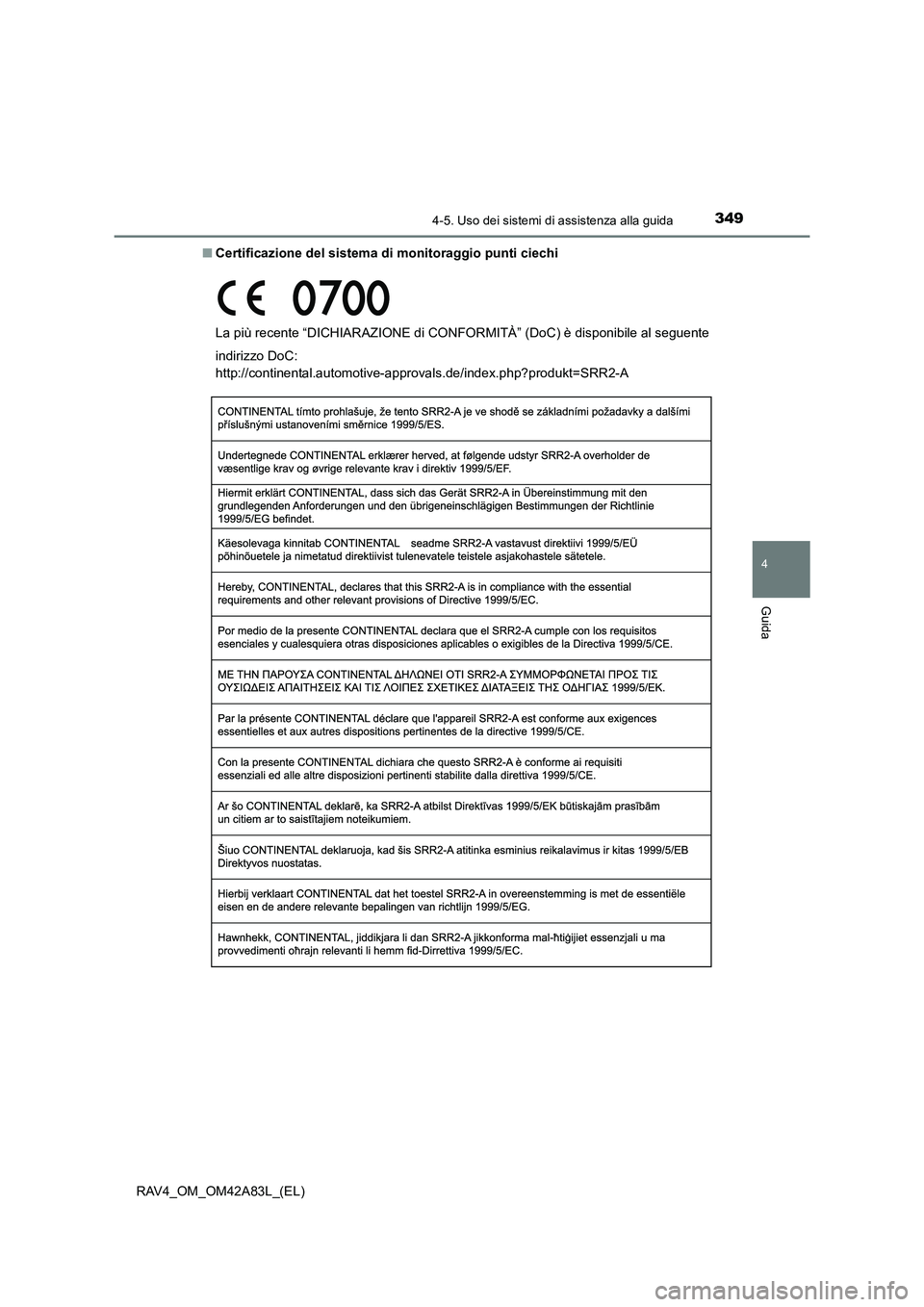 TOYOTA RAV4 2015  Manuale duso (in Italian) 3494-5. Uso dei sistemi di assistenza alla guida
4
Guida
RAV4_OM_OM42A83L_(EL)■
Certificazione del sistema di monitoraggio punti ciechi
La più recente “DICHIARAZIONE di CONFOR MITÀ” (DoC) è d