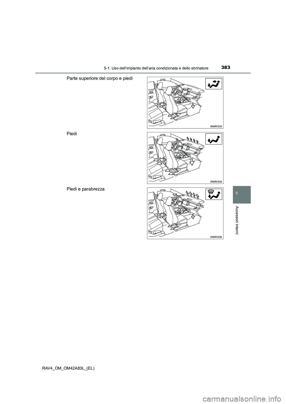 TOYOTA RAV4 2015 Manuale duso (in Italian) 3835-1. Uso dell’impianto dell’aria condizionata e dello sbrinatore
5
Accessori interni
RAV4_OM_OM42A83L_(EL)
Parte superiore del corpo e piedi
Piedi
Piedi e parabrezza TOYOTA RAV4 2015 Manuale duso (in Italian) 3835-1. Uso dell’impianto dell’aria condizionata e dello sbrinatore
5
Accessori interni
RAV4_OM_OM42A83L_(EL)
Parte superiore del corpo e piedi
Piedi
Piedi e parabrezza