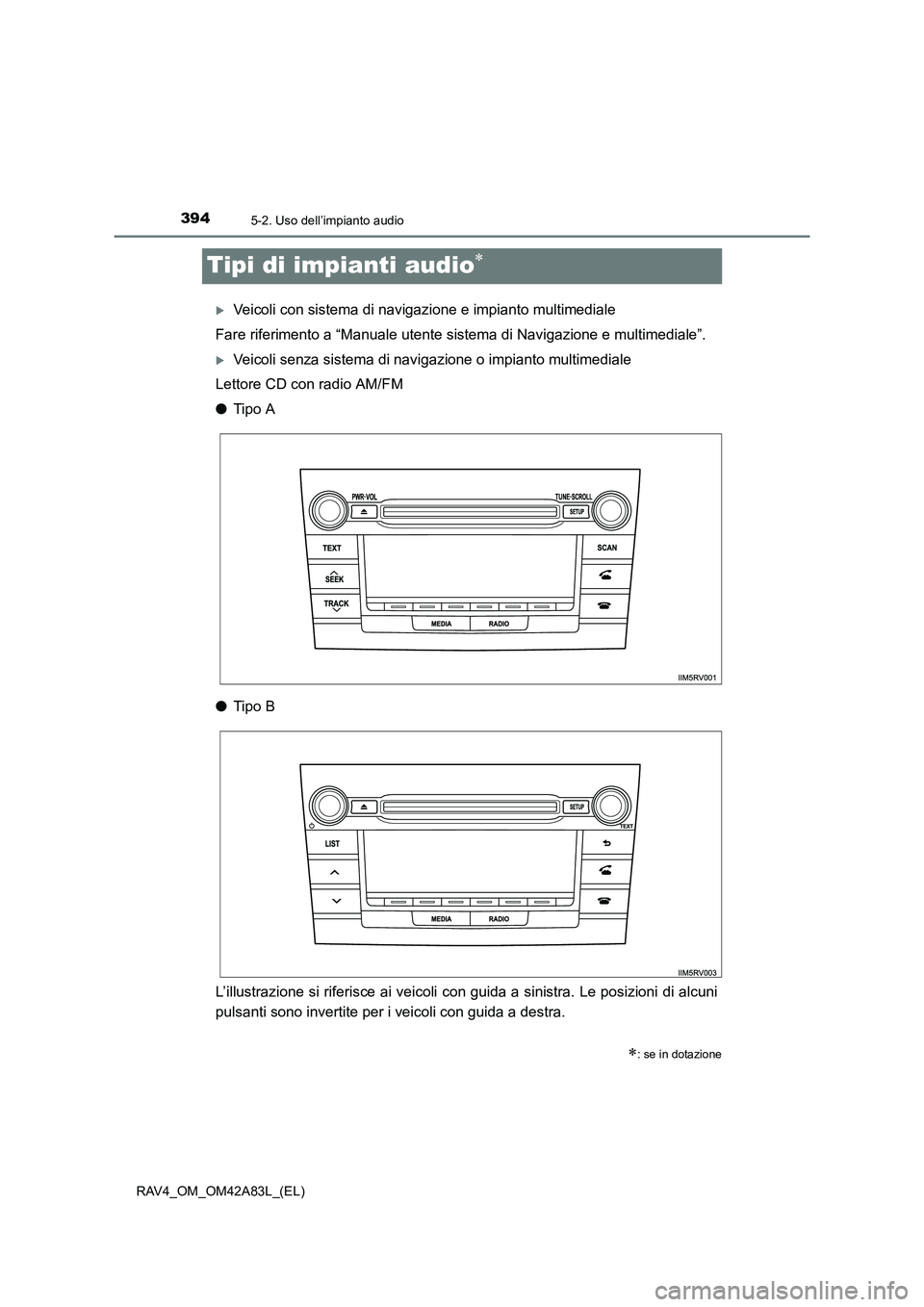 TOYOTA RAV4 2015  Manuale duso (in Italian) 3945-2. Uso dell’impianto audio
RAV4_OM_OM42A83L_(EL)
Tipi di impianti audio∗
�XVeicoli con sistema di navigazione e impianto multimediale
Fare riferimento a “Manuale utente sistema di Navigazio