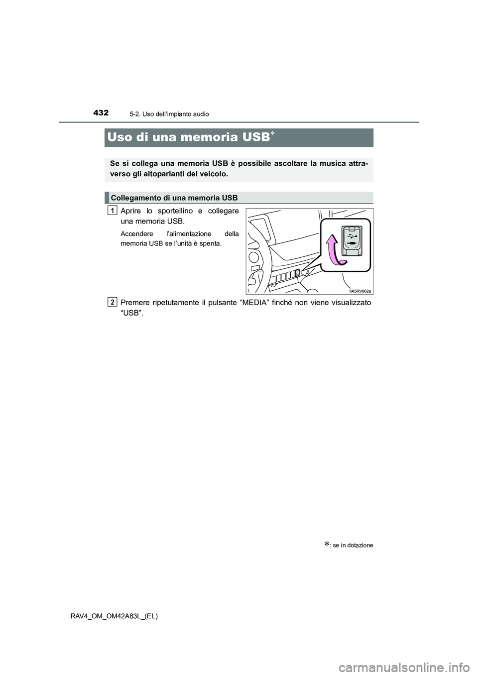 TOYOTA RAV4 2015  Manuale duso (in Italian) 4325-2. Uso dell’impianto audio
RAV4_OM_OM42A83L_(EL)
Uso di una memoria USB∗
Aprire lo sportellino e collegare
una memoria USB.
Accendere l’alimentazione della
memoria USB se l’unità è spen