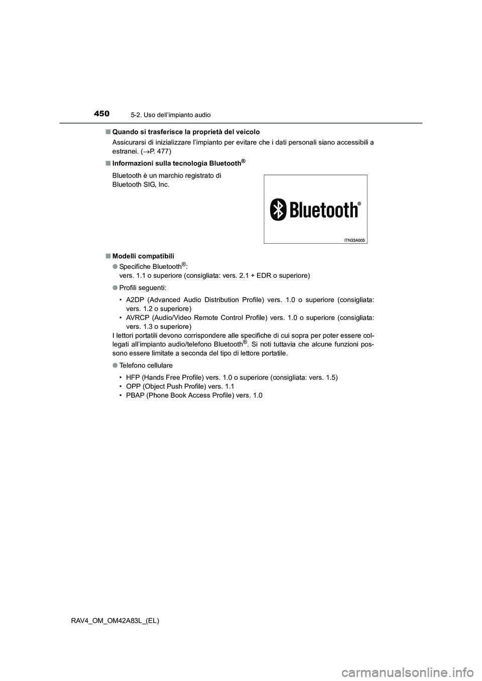 TOYOTA RAV4 2015  Manuale duso (in Italian) 4505-2. Uso dell’impianto audio
RAV4_OM_OM42A83L_(EL)■
Quando si trasferisce la  proprietà del veicolo
Assicurarsi di inizializzare l’impianto per evitare che i dati personali siano accessibili