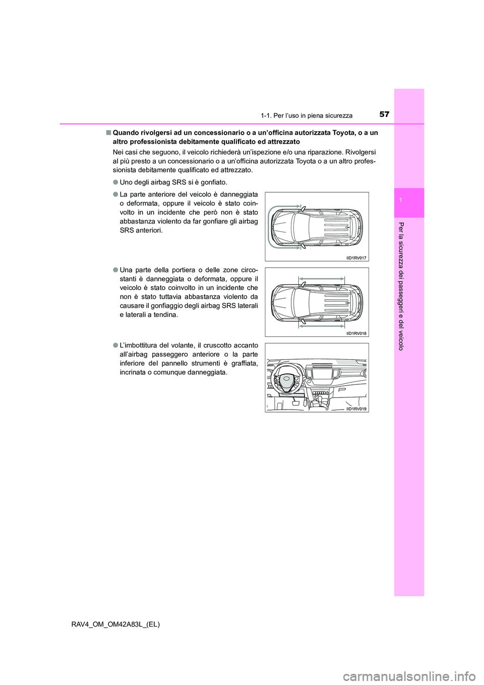 TOYOTA RAV4 2015 Manuale duso (in Italian) 571-1. Per l’uso in piena sicurezza
1
RAV4_OM_OM42A83L_(EL)
Per la sicurezza dei passeggeri e del veicolo
■Quando rivolgersi ad un concessionario o a un’officina autorizzata Toyota, o a un
altr TOYOTA RAV4 2015 Manuale duso (in Italian) 571-1. Per l’uso in piena sicurezza
1
RAV4_OM_OM42A83L_(EL)
Per la sicurezza dei passeggeri e del veicolo
■Quando rivolgersi ad un concessionario o a un’officina autorizzata Toyota, o a un
altr