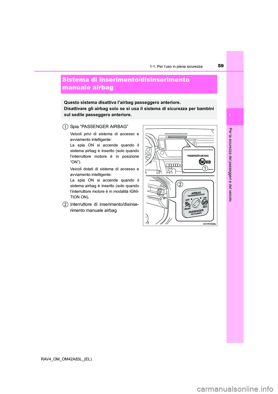 TOYOTA RAV4 2015 Manuale duso (in Italian) 591-1. Per l’uso in piena sicurezza
1
RAV4_OM_OM42A83L_(EL)
Per la sicurezza dei passeggeri e del veicolo
Sistema di inserimento/disinserimento
manuale airbag
Spia “PASSENGER AIRBAG”
Veicoli pr TOYOTA RAV4 2015 Manuale duso (in Italian) 591-1. Per l’uso in piena sicurezza
1
RAV4_OM_OM42A83L_(EL)
Per la sicurezza dei passeggeri e del veicolo
Sistema di inserimento/disinserimento
manuale airbag
Spia “PASSENGER AIRBAG”
Veicoli pr