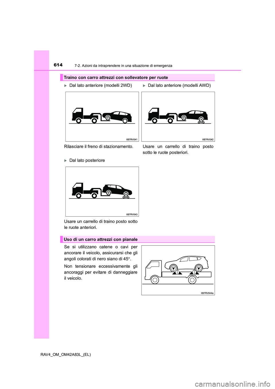 TOYOTA RAV4 2015 Manuale duso (in Italian) 6147-2. Azioni da intraprendere in una situazione di emergenza
RAV4_OM_OM42A83L_(EL)
Se si utilizzano catene o cavi per
ancorare il veicolo, assicurarsi che gli
angoli colorati di nero siano di 45°.
TOYOTA RAV4 2015 Manuale duso (in Italian) 6147-2. Azioni da intraprendere in una situazione di emergenza
RAV4_OM_OM42A83L_(EL)
Se si utilizzano catene o cavi per
ancorare il veicolo, assicurarsi che gli
angoli colorati di nero siano di 45°.