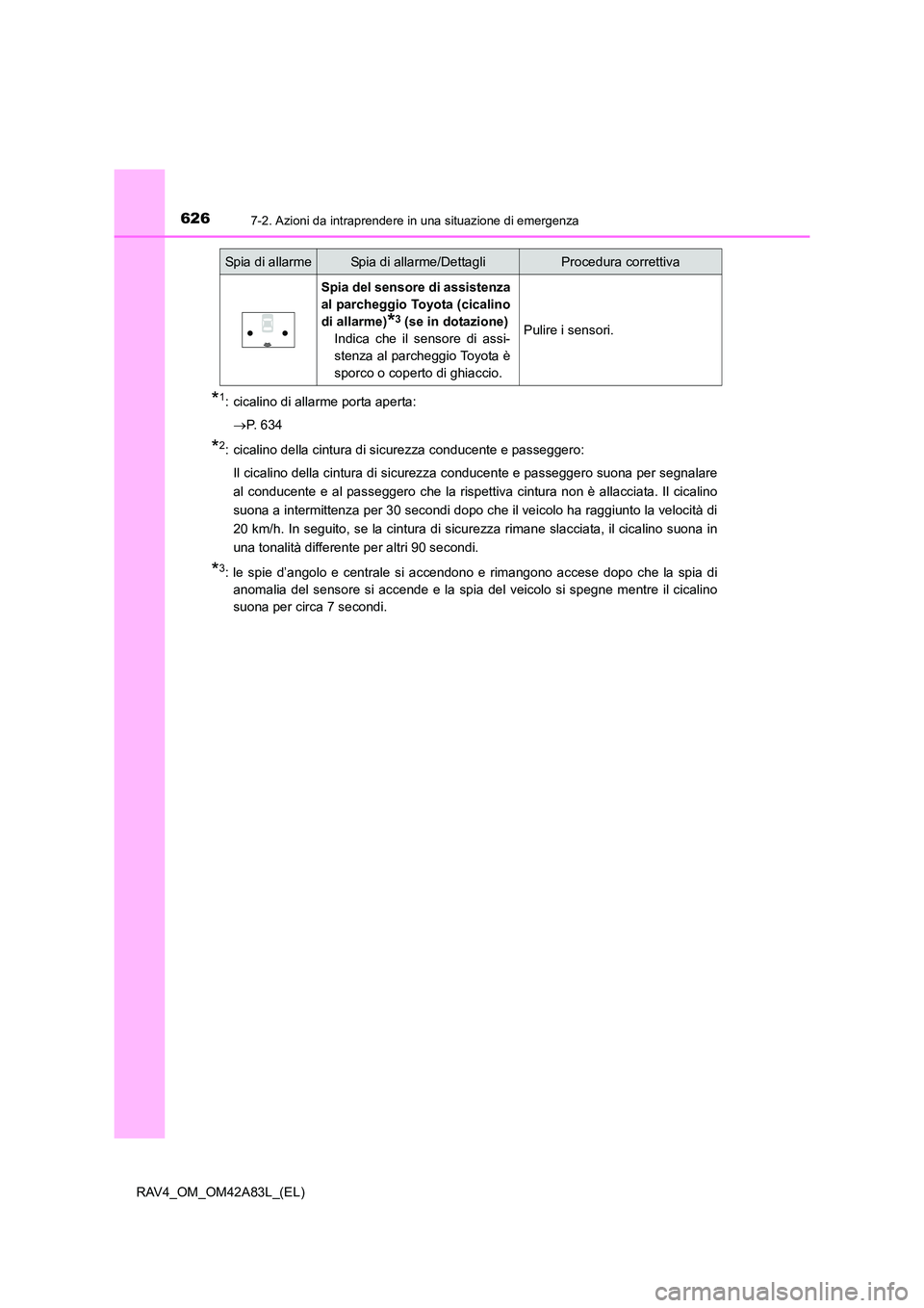TOYOTA RAV4 2015  Manuale duso (in Italian) 6267-2. Azioni da intraprendere in una situazione di emergenza
RAV4_OM_OM42A83L_(EL)
*1: cicalino di allarme porta aperta:→ P.  6 3 4
*2: cicalino della cintura di sicurezza conducente e passeggero: