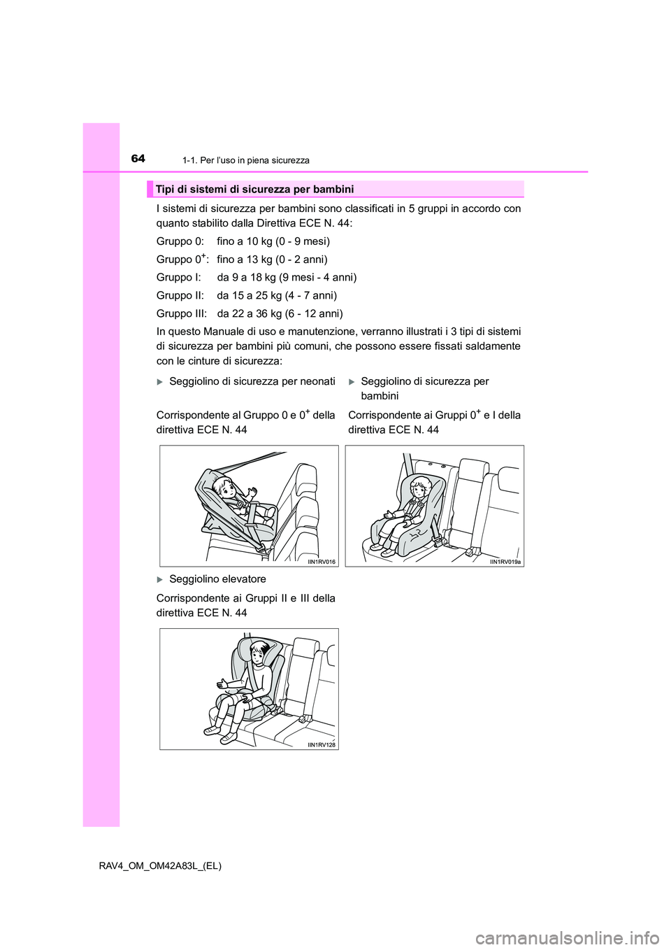 TOYOTA RAV4 2015 Manuale duso (in Italian) 641-1. Per l’uso in piena sicurezza
RAV4_OM_OM42A83L_(EL)
I sistemi di sicurezza per bambini sono classificati in 5 gruppi in accordo con
quanto stabilito dalla Direttiva ECE N. 44:
Gruppo 0: fino a TOYOTA RAV4 2015 Manuale duso (in Italian) 641-1. Per l’uso in piena sicurezza
RAV4_OM_OM42A83L_(EL)
I sistemi di sicurezza per bambini sono classificati in 5 gruppi in accordo con
quanto stabilito dalla Direttiva ECE N. 44:
Gruppo 0: fino a