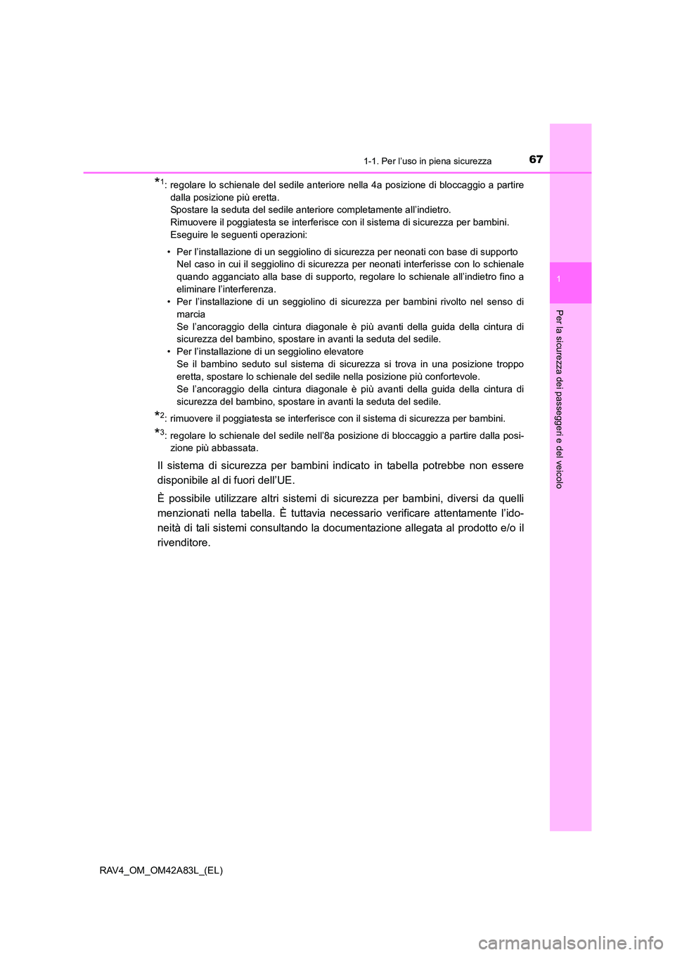 TOYOTA RAV4 2015 Manuale duso (in Italian) 671-1. Per l’uso in piena sicurezza
1
RAV4_OM_OM42A83L_(EL)
Per la sicurezza dei passeggeri e del veicolo
*1: regolare lo schienale del sedile anteriore nella 4a posizione di bloccaggio a partiredal TOYOTA RAV4 2015 Manuale duso (in Italian) 671-1. Per l’uso in piena sicurezza
1
RAV4_OM_OM42A83L_(EL)
Per la sicurezza dei passeggeri e del veicolo
*1: regolare lo schienale del sedile anteriore nella 4a posizione di bloccaggio a partiredal