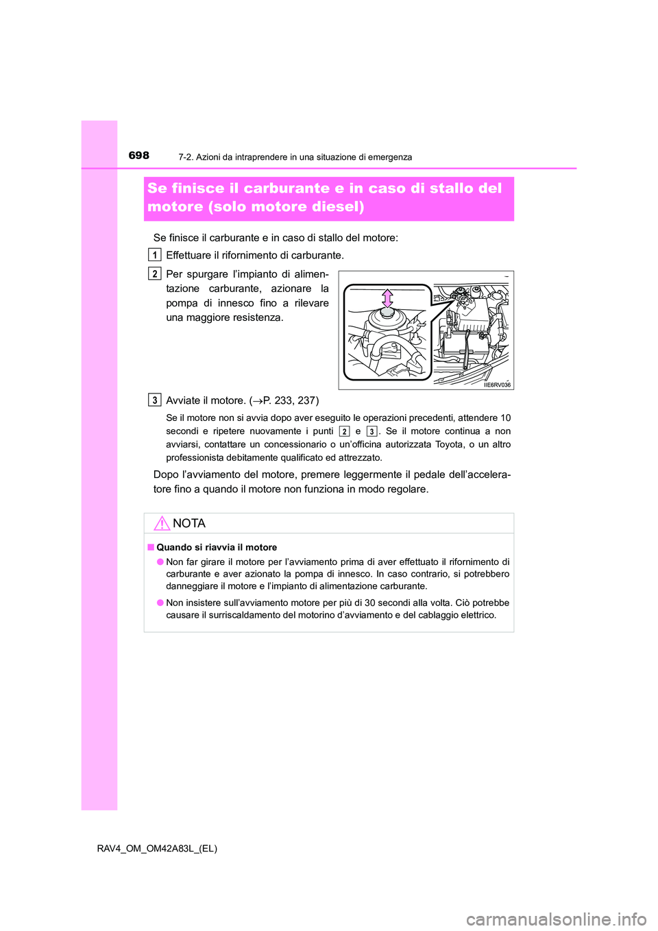 TOYOTA RAV4 2015  Manuale duso (in Italian) 6987-2. Azioni da intraprendere in una situazione di emergenza
RAV4_OM_OM42A83L_(EL)
Se finisce il carburante e in caso di stallo del 
motore (solo motore diesel)
Se finisce il carburante e in caso di